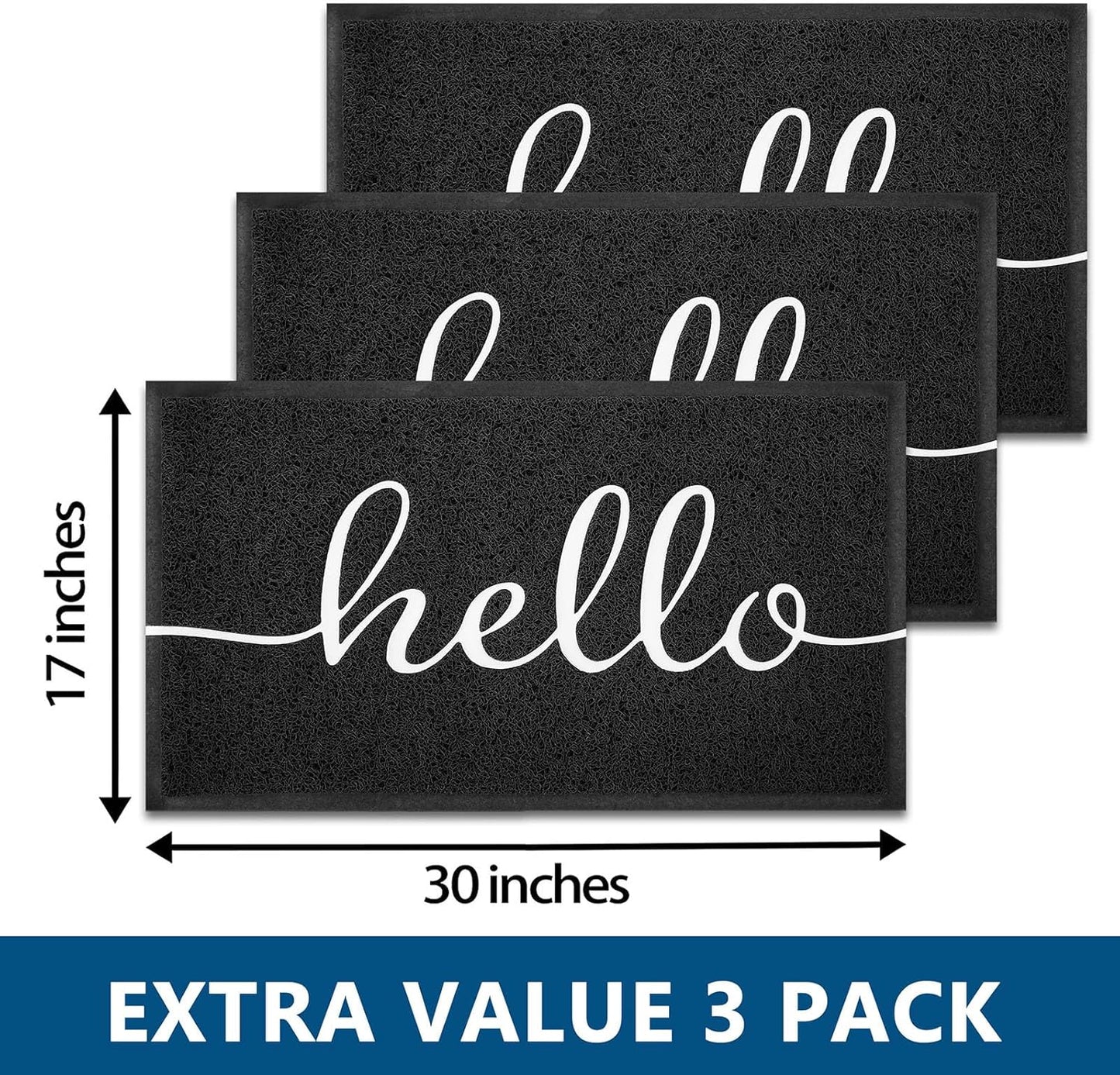 EARTHALL Door Mat 3-Pack Outside Inside Hello Doormat 30"x17.5" Durable Floor Mat Non Slip Rug Ultra Absorb Mud Easy Clean Front Doormat for Garage, Entryway, Patio, High Traffic Areas, Black