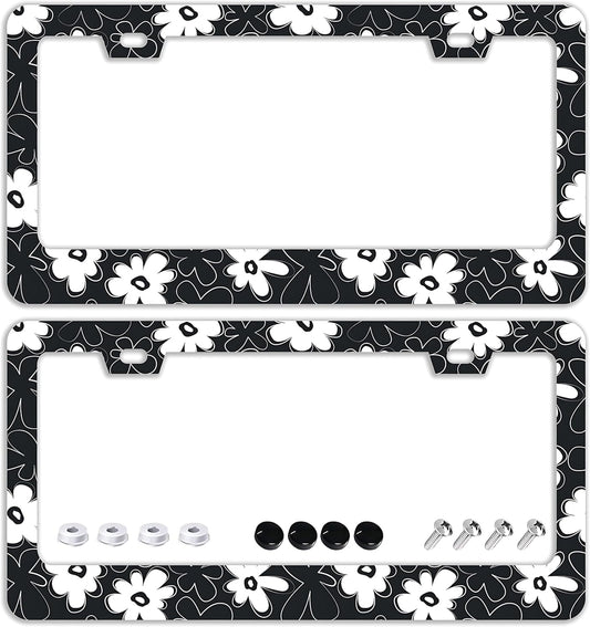 Black and White Flowers License Plate Frames - 2 Pcs Set 2 Holes Stainless Steel Metal Auto Car Accessories Decoration License Plate Frame Cover Size 6.3" x 12.2" Fit US Vehicles for Women Men Gift