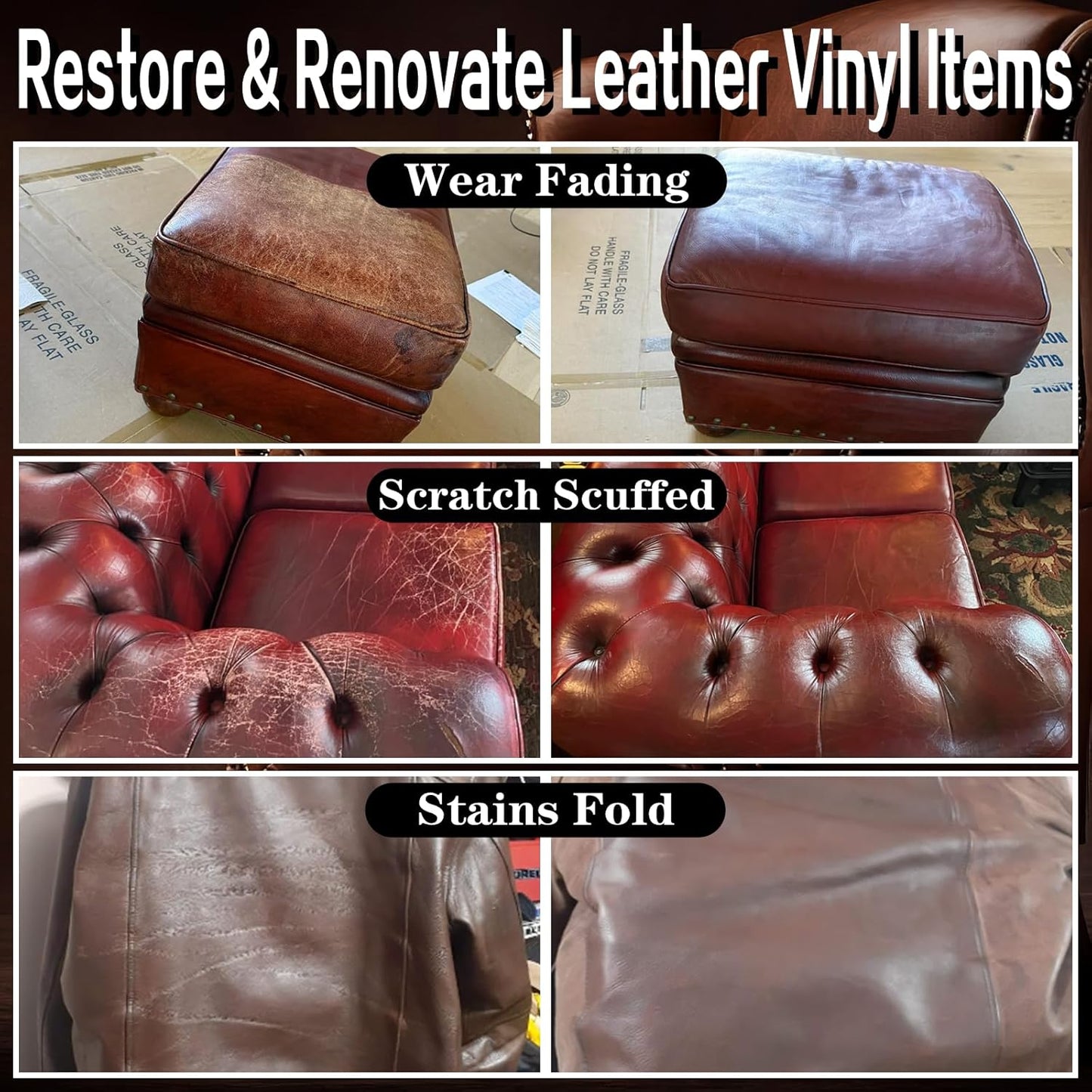 Maroon Leather Repair Kit for Furniture Dye Car Interior Vinyl Seats Paint Leather Conditioner Couch Handbag Chair Stain Remover Recoloring Balm Restorer Cream Cat Dog Scratches & Color Applicator