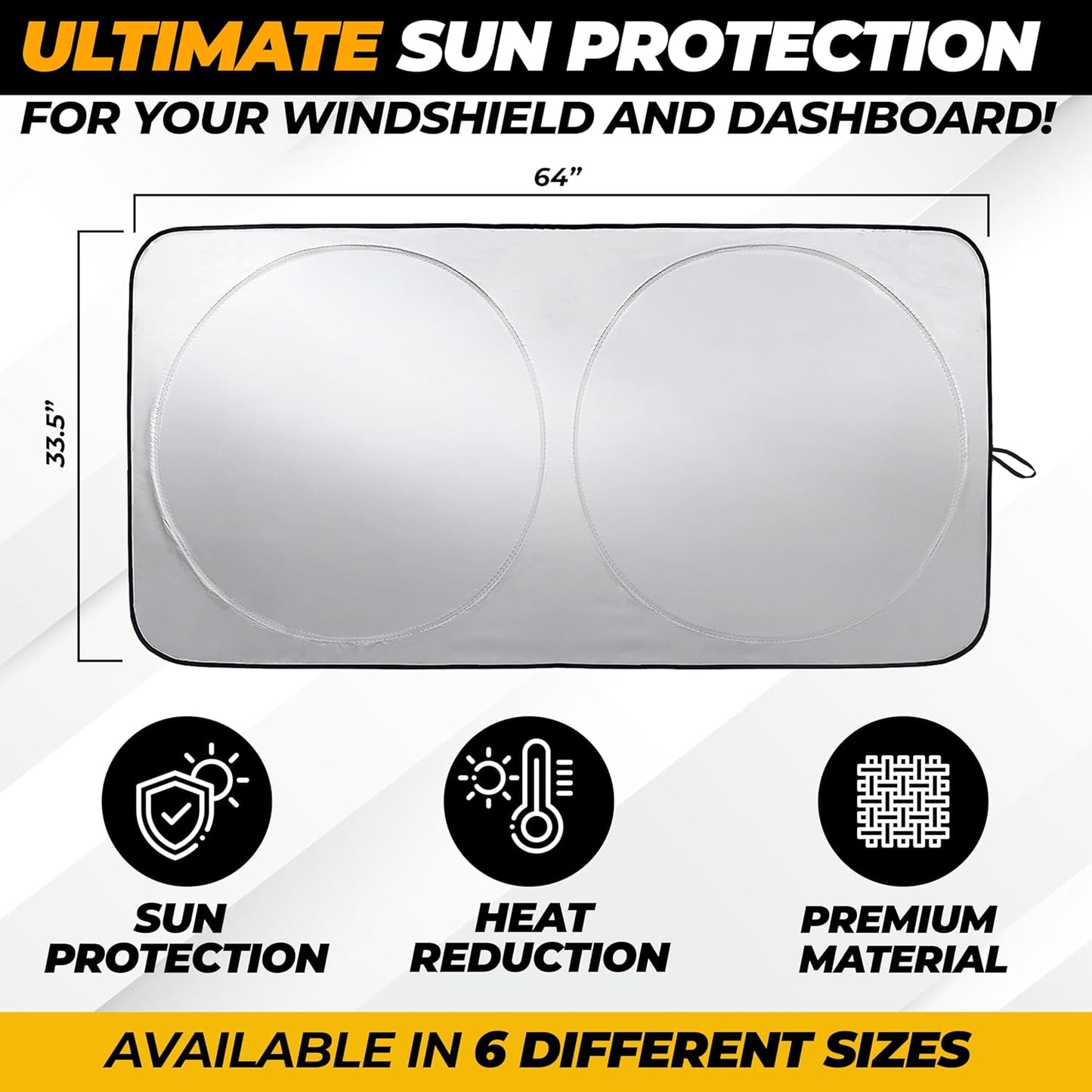 Windshield Sun Shade for Car, SUV & Truck – Patented Design Blocks 99% UV Rays & Heat | 240T Reflective Polyester Sunshade with Storage Bag | Keeps Vehicle Interior Cool | Universal Fit (64" x 33.5")