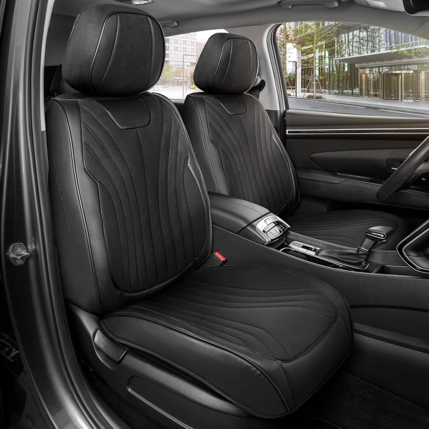 Elite Edition Faux Leather & Suede Seat Covers for Cars, Trucks, & SUV - 2 Black Car Seat Covers for Front Seats - Universal Fit Car Accessories Automotive Interior Cover Protector for Cars