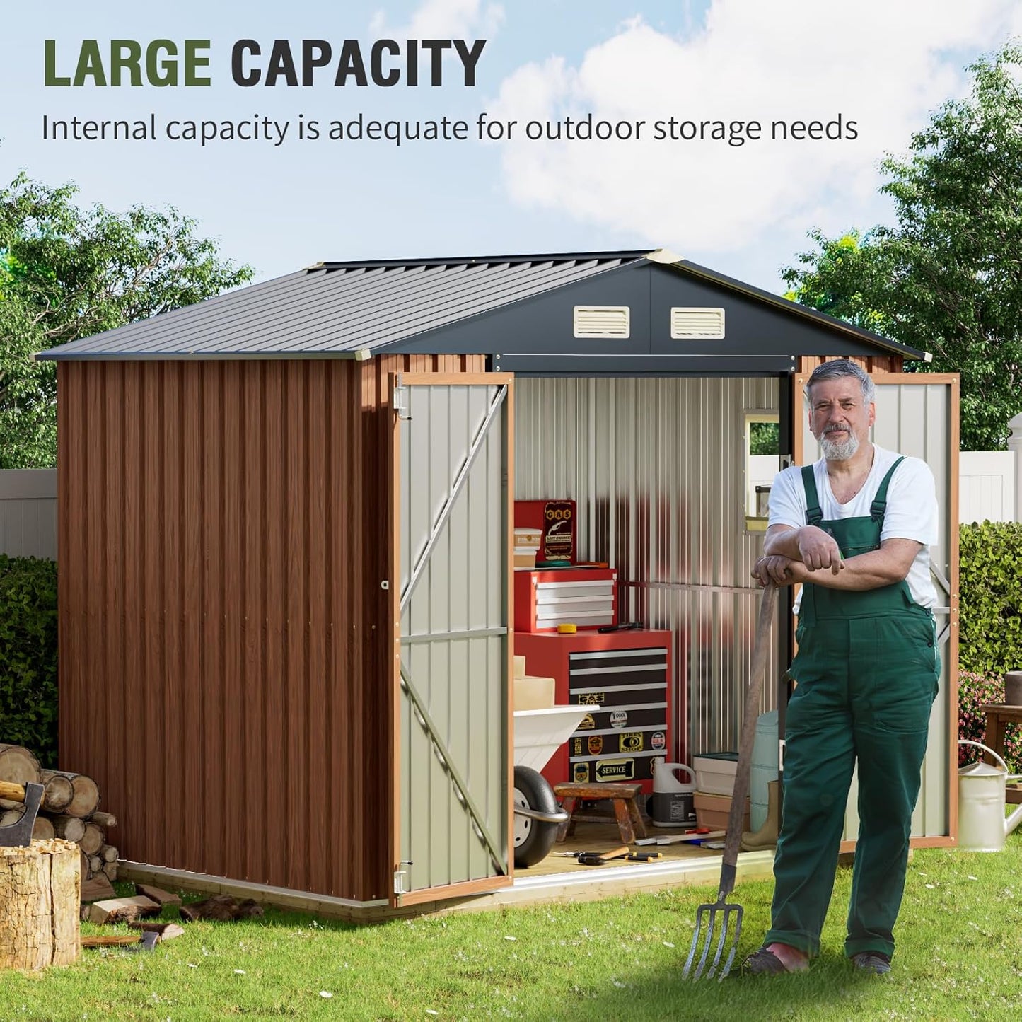 8x6 Ft Storage Shed, Large Outdoor Shed with Floor Base, Window, Lockable Doors, Outside Steel Shed for Garden, Backyard, Lawn, Patio Utility, Tool Storage