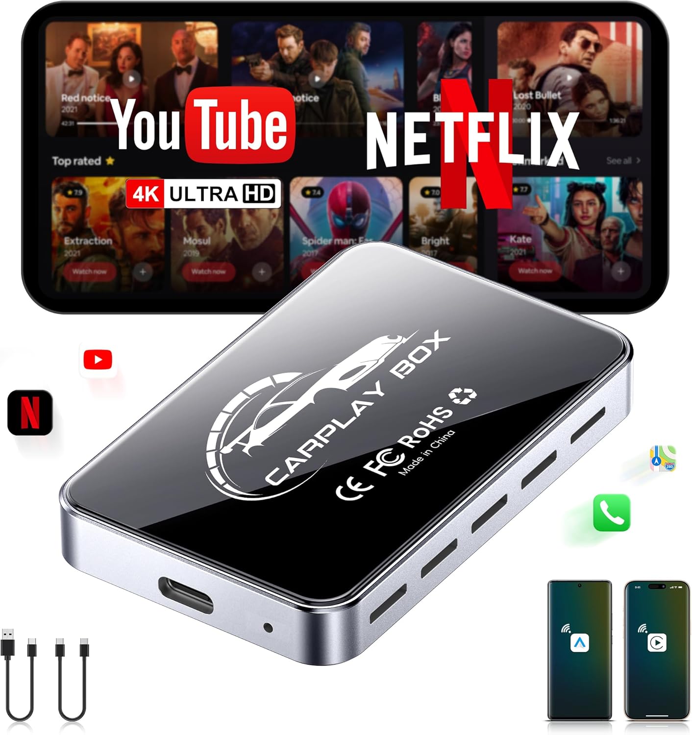 AI Box Wireless CarPlay & Auto Adapter - Plug & Play, Dual-Band WiFi, Bluetooth 5.0, 4K Video Support, Android 12.0 System, Compatible with Factory CarPlay & Android Auto （4GB RAM+32GB ROM）