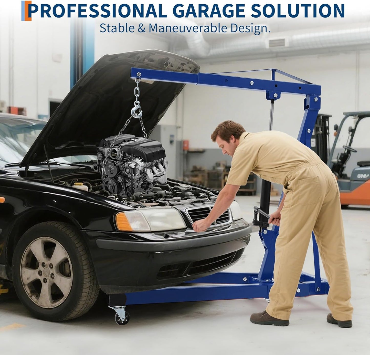 Engine Hoist Cherry Picker, 2 Ton Folding Hydraulic Engine Hoist with Telescopic Boom & 6 Casters, Heavy Duty Shop Crane Lifting Cherry Picker for Workshops Garage, Blue