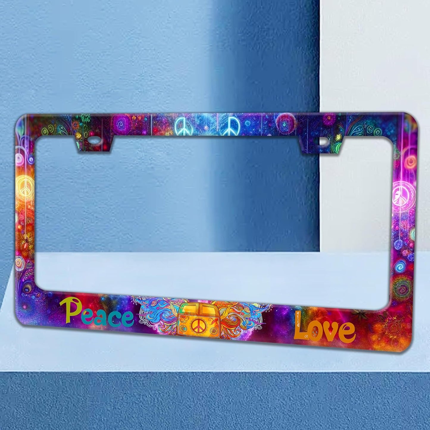 Peace and Love License Plate Frame Peace Symbol License Plate Holders Funny Stainless Steel Auto Accessory Bracket 2 Hole with Screws Universal Us Car License Plate Frames 6x12 Inch for Women Men