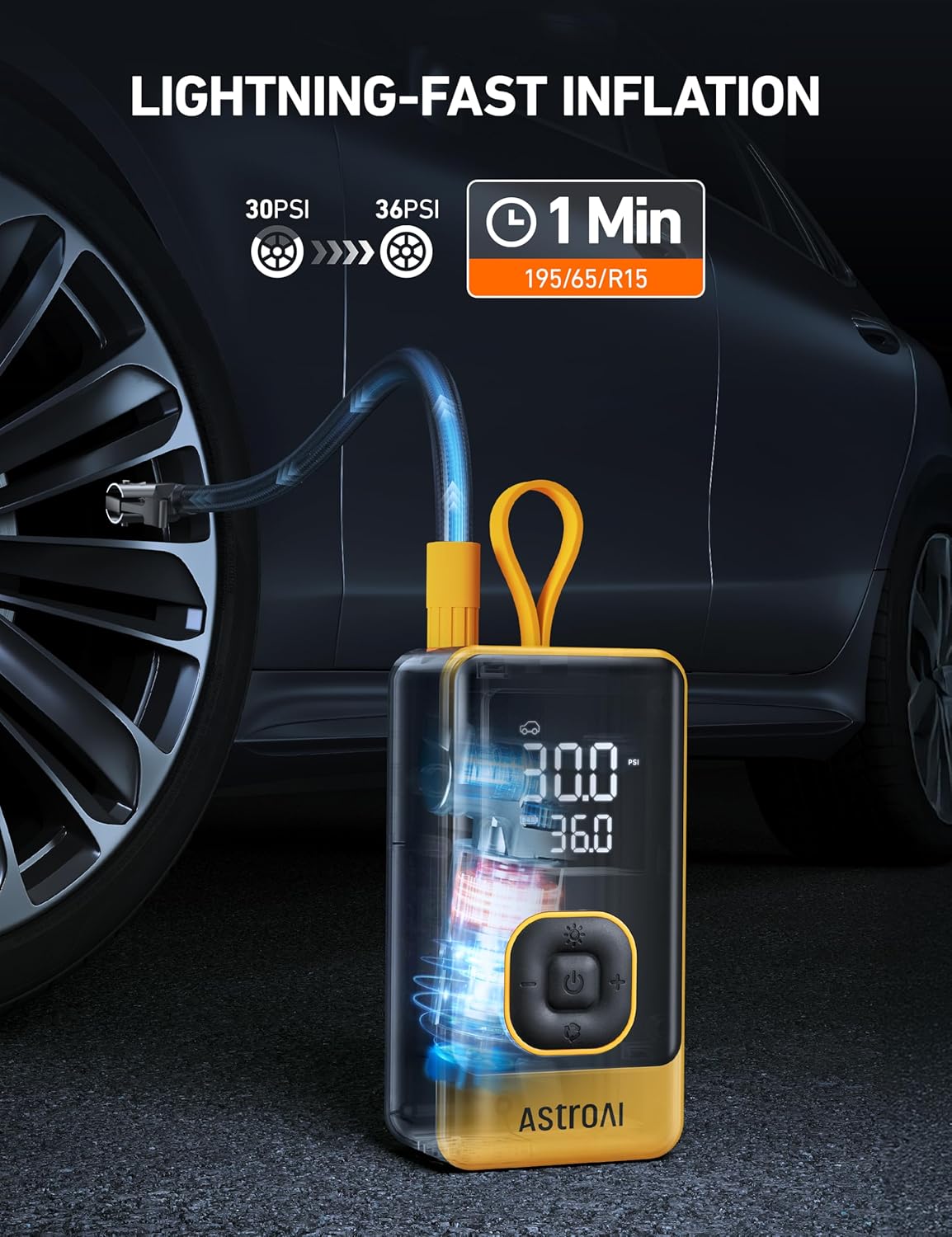 AstroAI L7 Air Tire Inflator Portable Air Compressor, 150PSI Electric Cordless Bike Pump with Fast 1-min Inflation, Auto Shutoff, LED Light – Rechargeable for Car, SUV, Motorcycle, Bike Tires, Yellow
