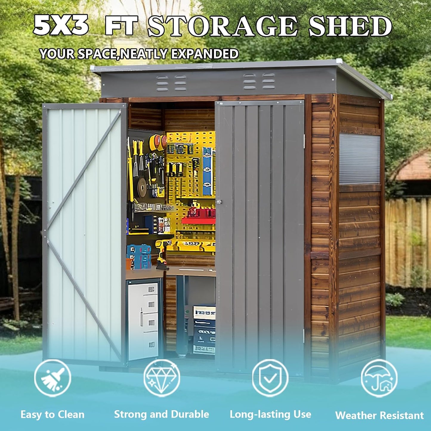 5x3 FT Outdoor Lean to Shed with Windows, Wood & Metal Tool Shed Waterproof Storage House for Outside Patio, Garden, Backyard, 4 Vents (Without Floor) Wood Color