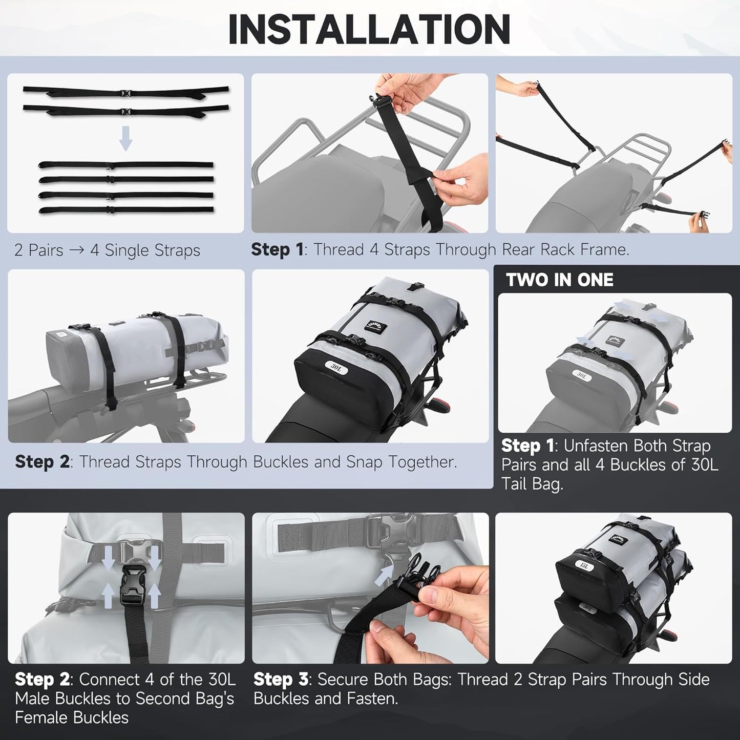 Motorcycle Tail Bag, 30L Waterproof Motorcycle Saddle Bag, 2 Size and 3 Color Options Luggage Bag, PVC Travel Bag, Rear Seat Bag, Stone Grey GT-30GRY