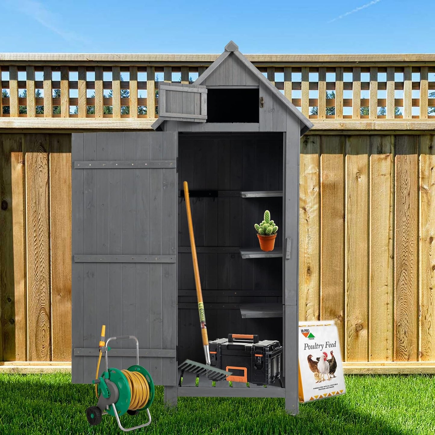 30.3" L X 21.3" W X 70.5" H Outdoor Storage Shed with Waterproof Roof, Solid Fir Wood Frame, and 3 Compartments for Garden Tools, Mower, and Hose,Grey