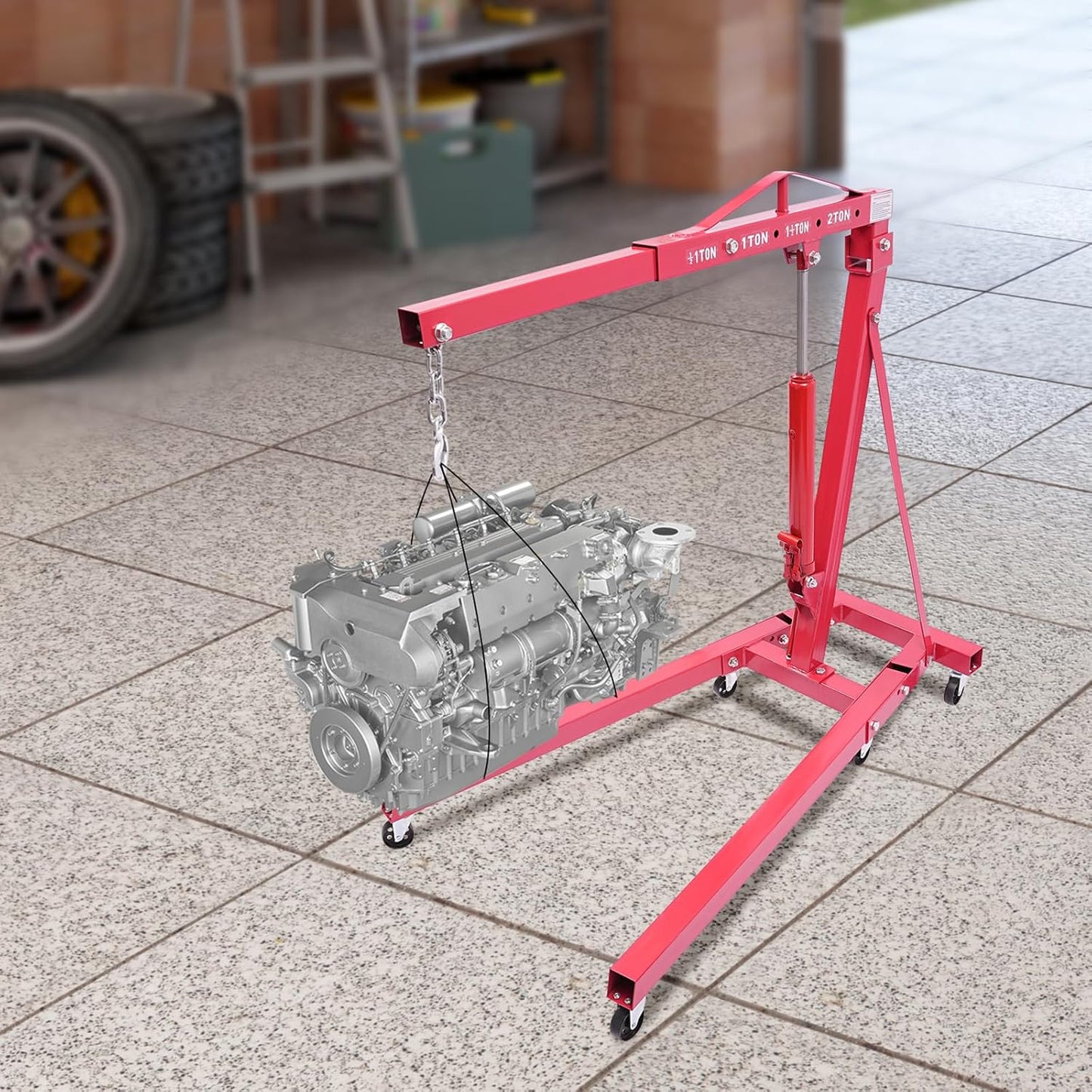 Folding Engine Hoist 2 Ton Engine Crane Lift with 6 Caster Wheels 4400LBS Steel Hydraulic Engine Crane 4 Adjustable Positions for Car Fixing Workshops Garages Warehouse(Sent in 2 Packages) (Red 1T)
