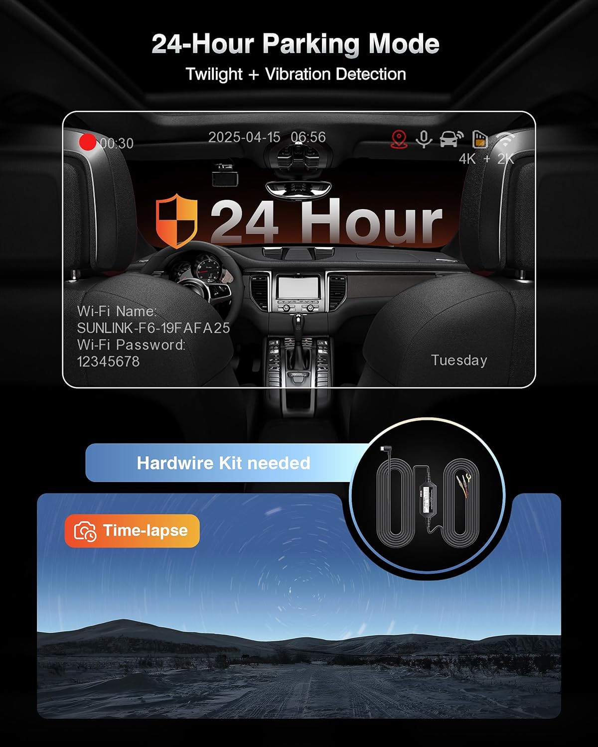 4K Dash Cam Front and Rear with GPS, Upgraded 5.8G WiFi, Dual Dash Camera for Cars, Night Vision, WDR, 160°Wide Angle, 24H Parking Monitor, Emergency Lock, 3" IPS Screen (64GB Card Included)