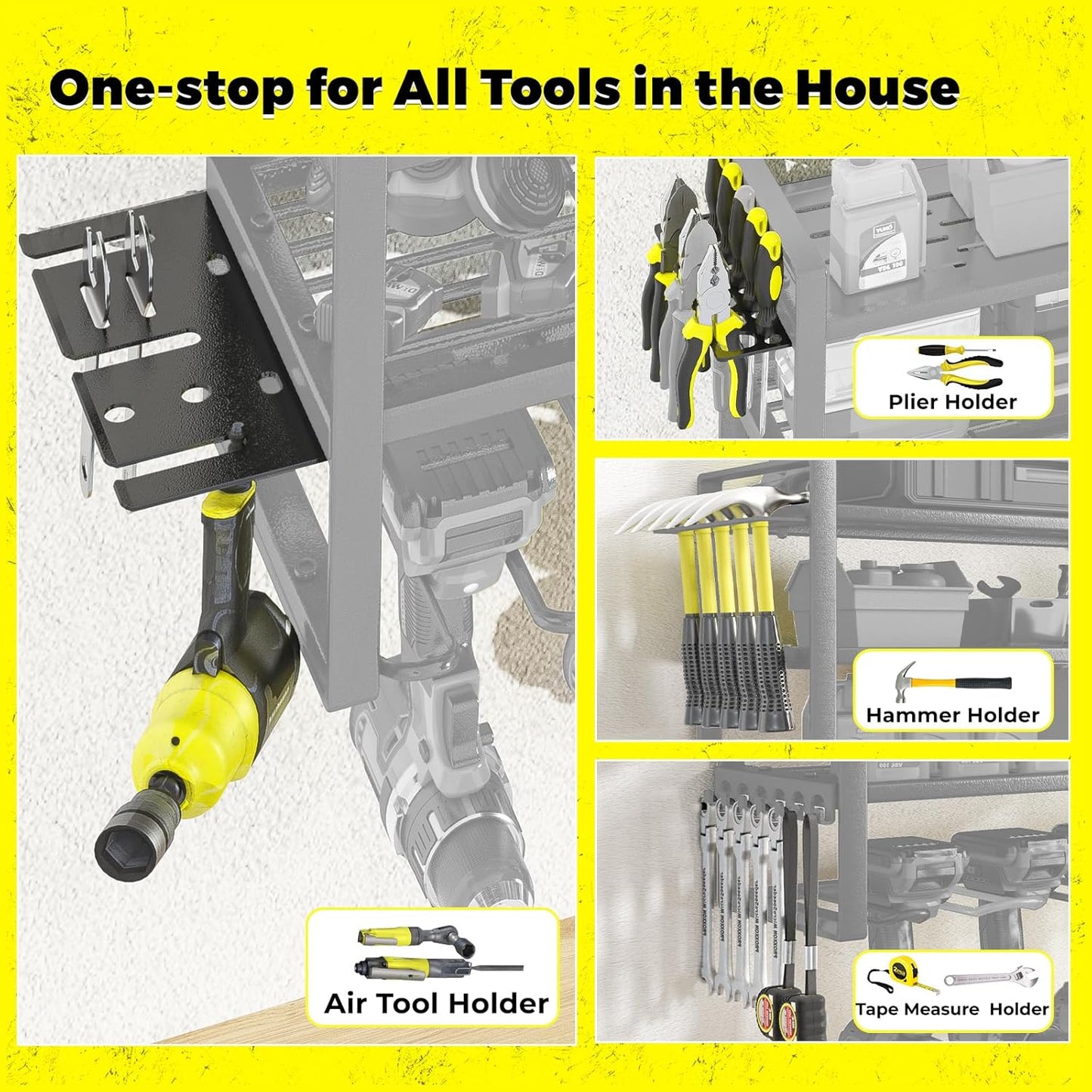 KAFAHOM Power Tool Organizer-8 Drill Holder Wall Mount，Tool Organizer and Storage rack for Garage Organization， Heavy Duty Metal Tool Shelf with Air tool/Screwdriver/Hammer/Plier Holder