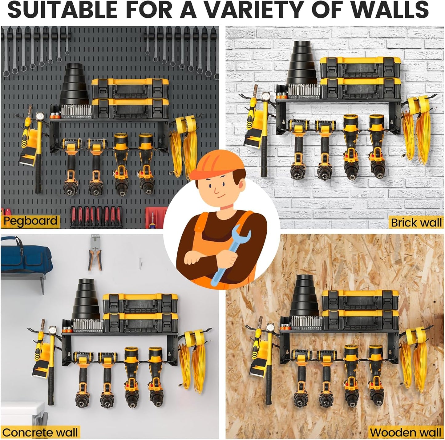 TRZZ Power Tool Organizer Wall Mount, 2-Tier Cordless Drill Rack with 4 Drill Holders and 2 Side Pegboards, Efficient Drill Storage for Garage, Tool Room, and Workshop (Black)