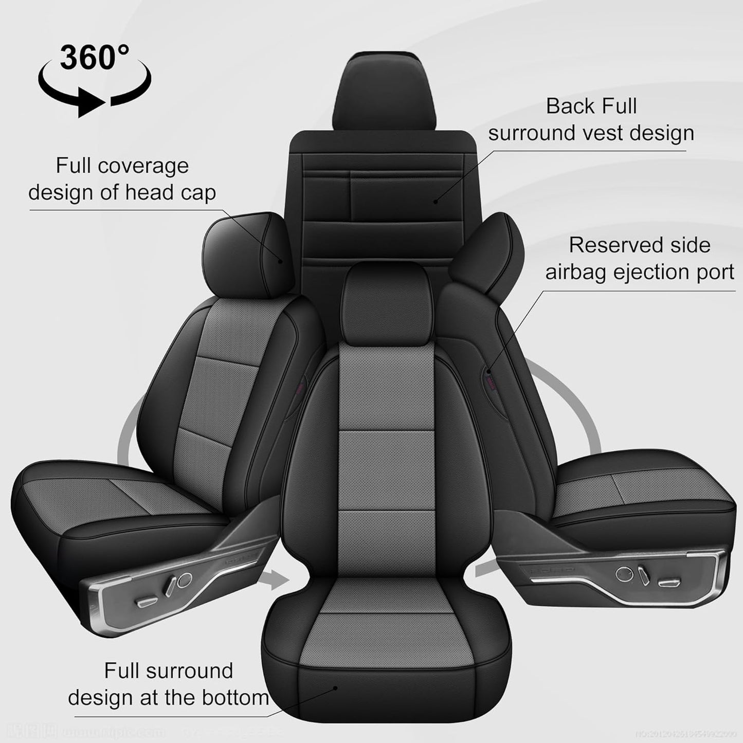 AOMSAZTO Front Seat Covers for Ford F150 XL XLT: 2015-2024 SuperCrew & F250 F350 F450 2017-2024 Super Duty Crew Cab XL XLT Faux Leather Full Set Seat Cover (Black + Grey, 2PCS Front)