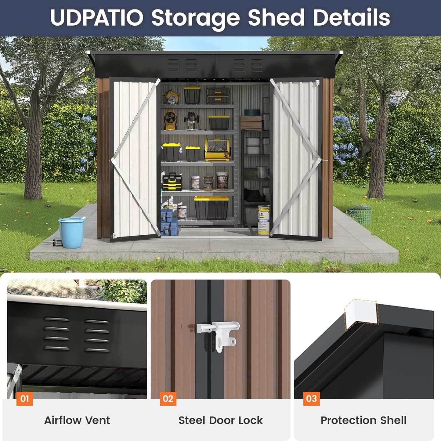 UDPATIO Outdoor Storage Shed 8x4 FT, Outside Sheds & Outdoor Storage Metal Galvanized Steel Yard, Patio, Lawn, Tool Shed with Lockable Door for Can, Bike, Lawnmower, Generator,Brown