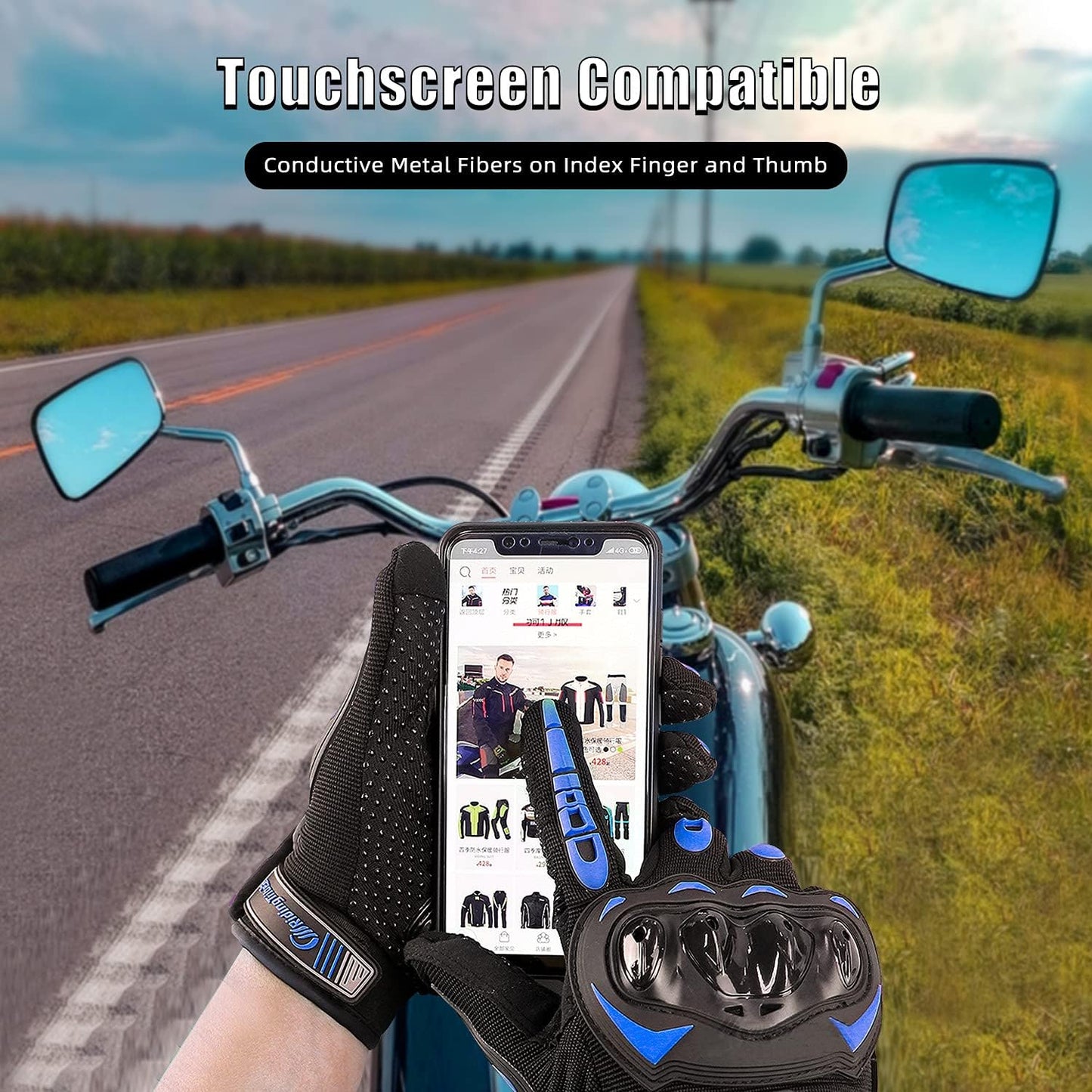 Motorcycle Gloves for Men and Women Full Finger Touchscreen Mountain Dirt Bike Gloves for Powersports BMX ATV MTB Driving Motocross Cycling Gloves(L, Blue)