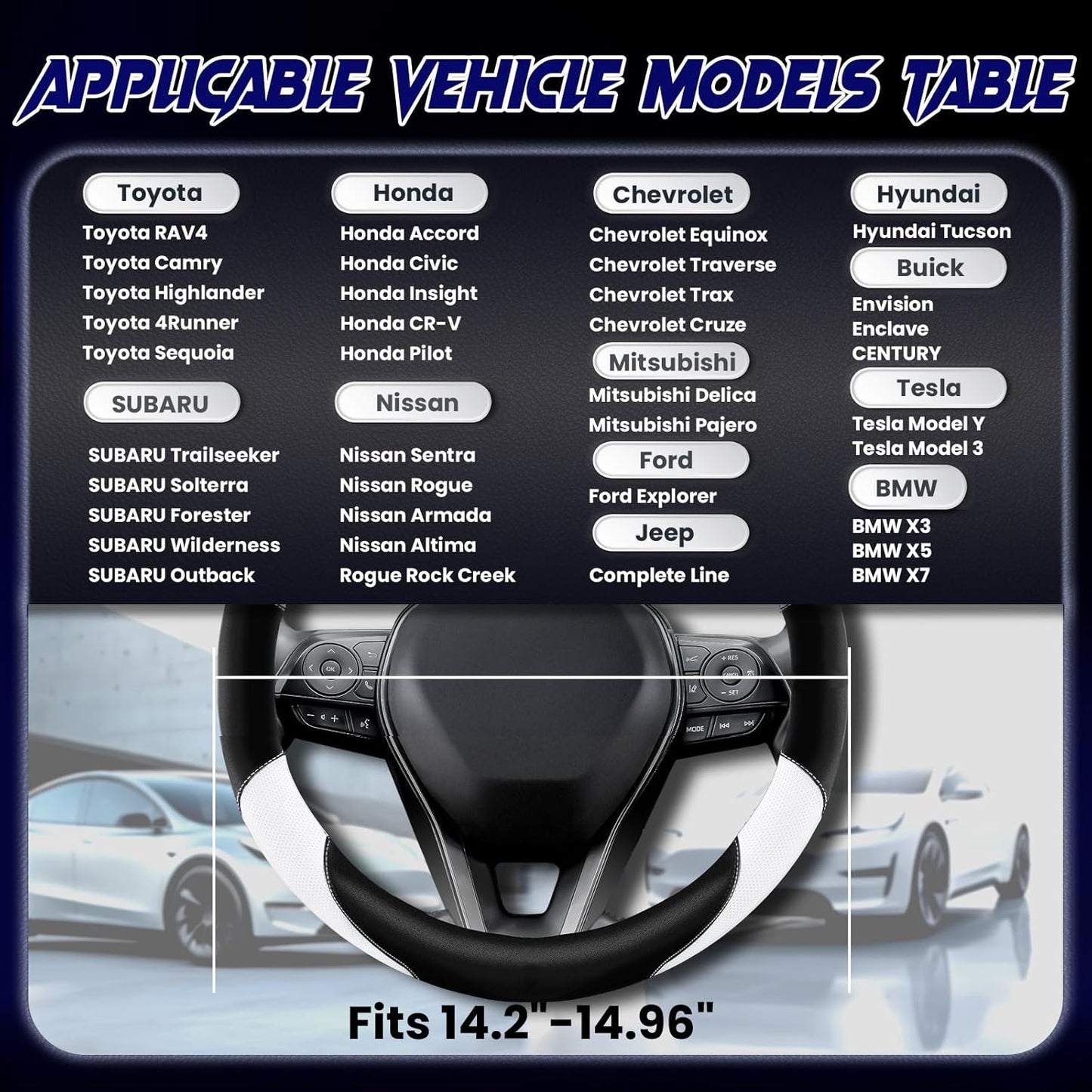 Soft Leather Steering Wheel Cover with Breathable Design and Anti-Slip Grip, Fully Compatible with Tesla, Toyota, Honda, Nissan 14.2-14.96 inch Round Steering Wheel（Sedans and SUVs）