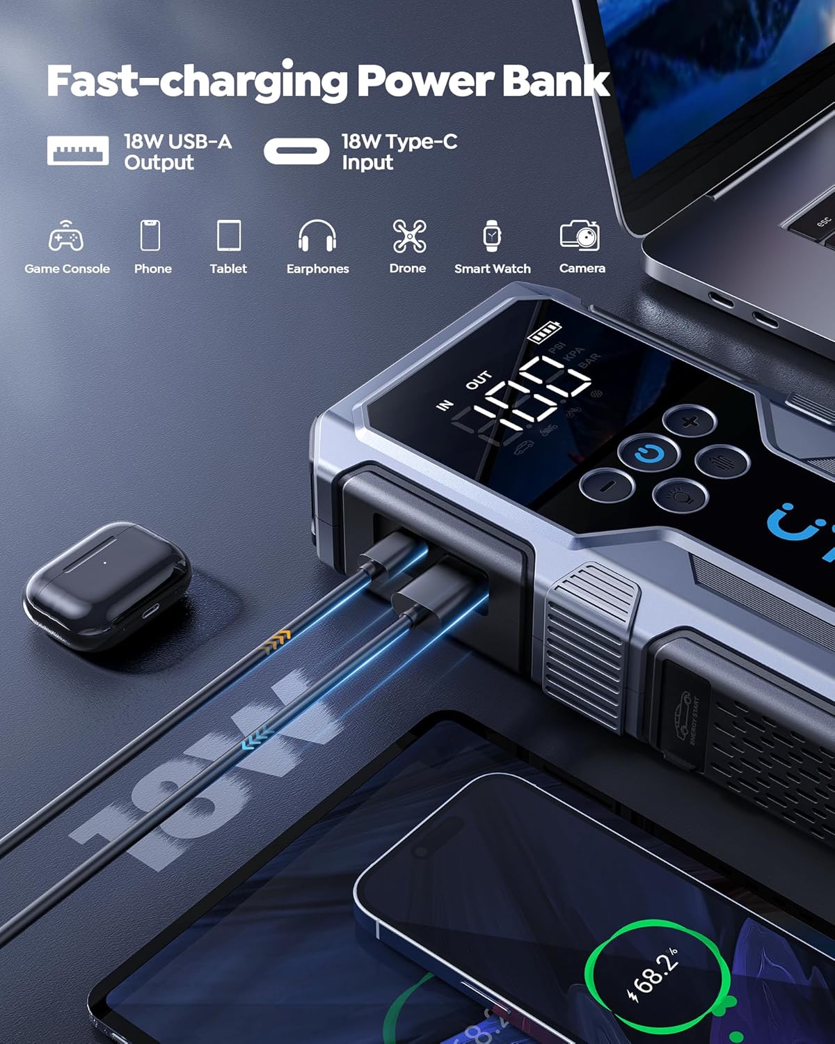 Car Jump Starter with Air Compressor, UTRAI 4000A 150PSI Car Jump Starter 12V Car Jumper Starter Portable Car Starter with LED Lights Jumper Cable, Storage Case (8.5L Gas/6.5L Diesel)