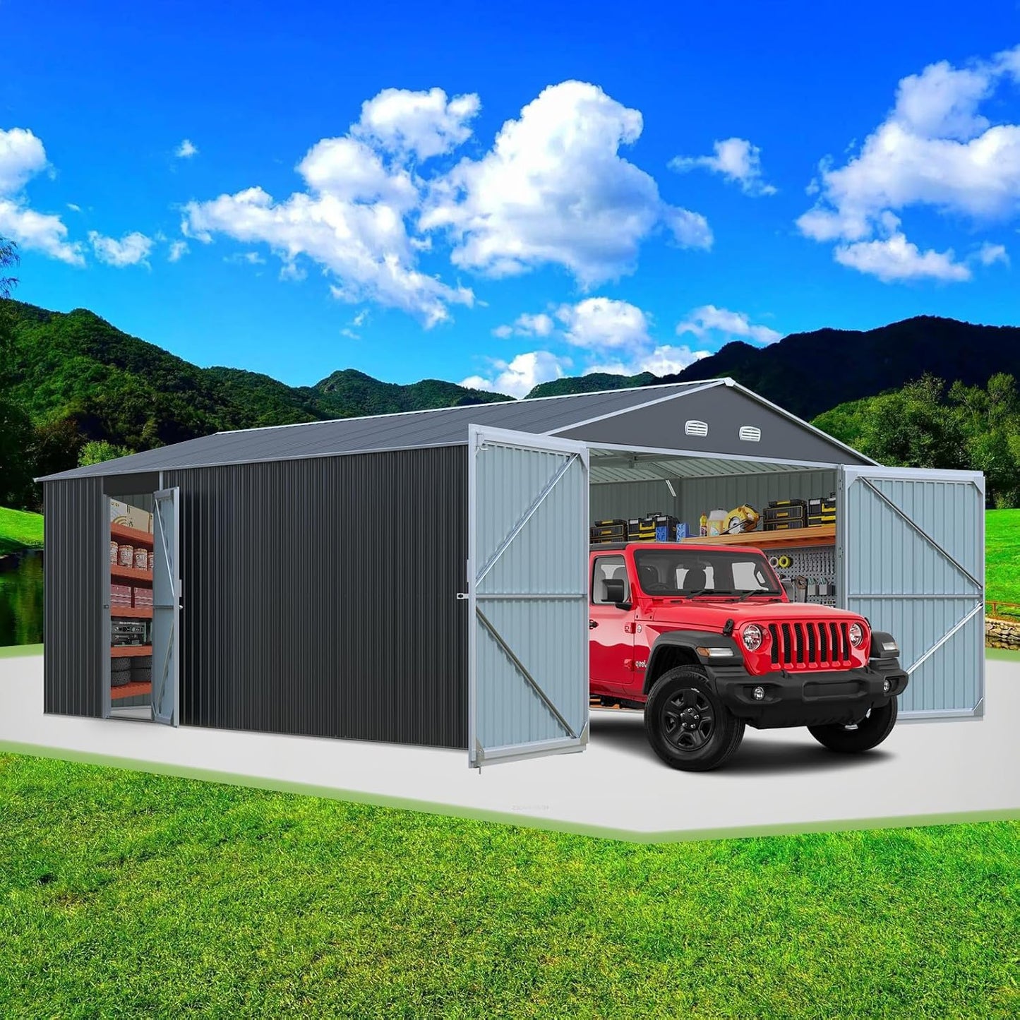 KUIKUI Shed 20x13 FT, Metal Shed Without Floor, Outdoor Storage Shed with Lock for Car, Truck, Lawnmower