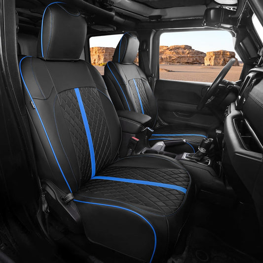 for Jeep Wrangler Seat Covers 4Door JL 2018 2019 2020 2021 2022 2023 2024 2025, Custom Car Seat Cover Full Set, Luxury Waterproof Leather Seat Protectors, Black Blue Trim,With Rear Cup Holder