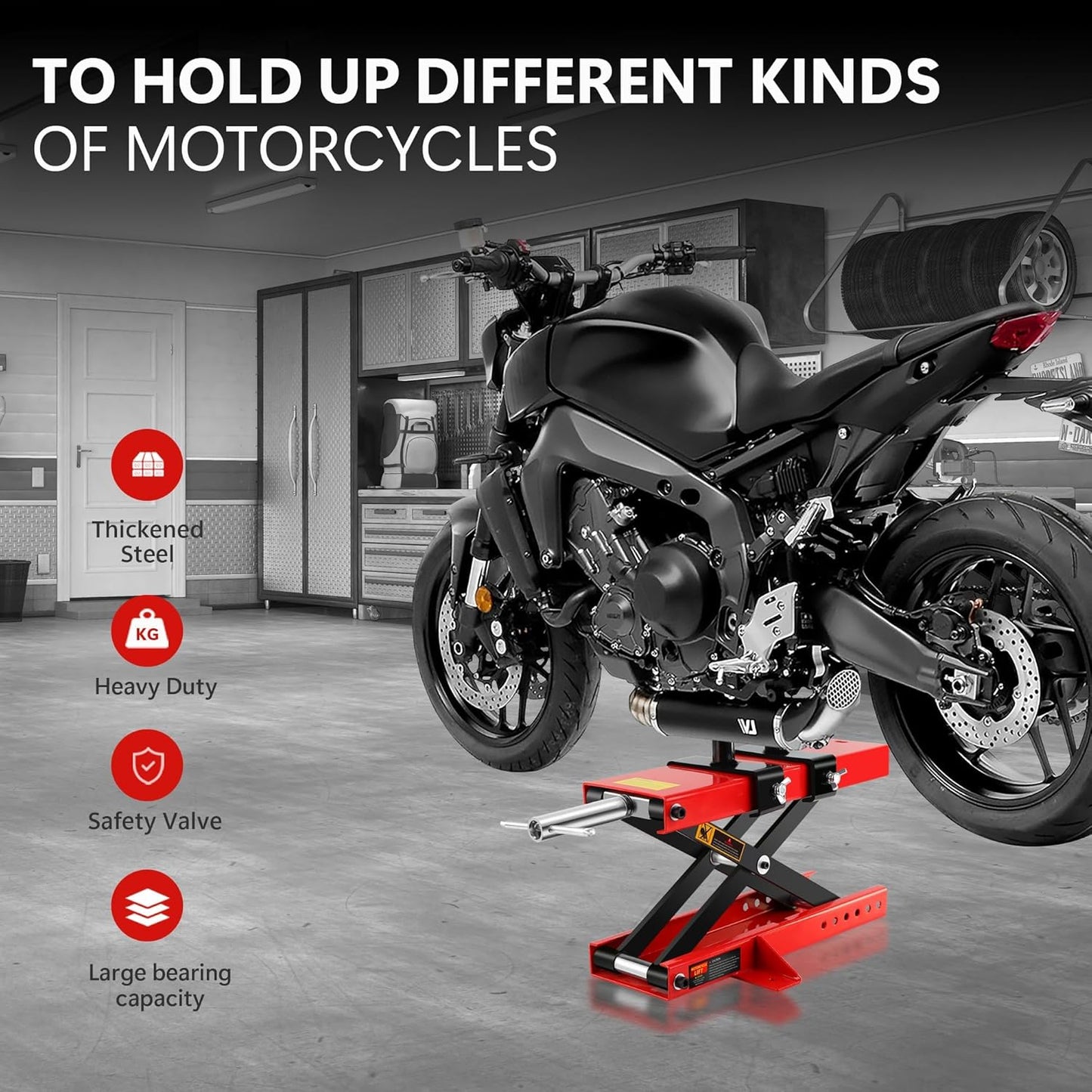 Motorcycle Scissor Lift Jack 1100LBS, Heavy Duty Bike Lift with Safety Lock Pin & Non-Slip Saddle, 3.7"-18.7" Lift Range for Cruisers, ATVs, Dirt Bikes