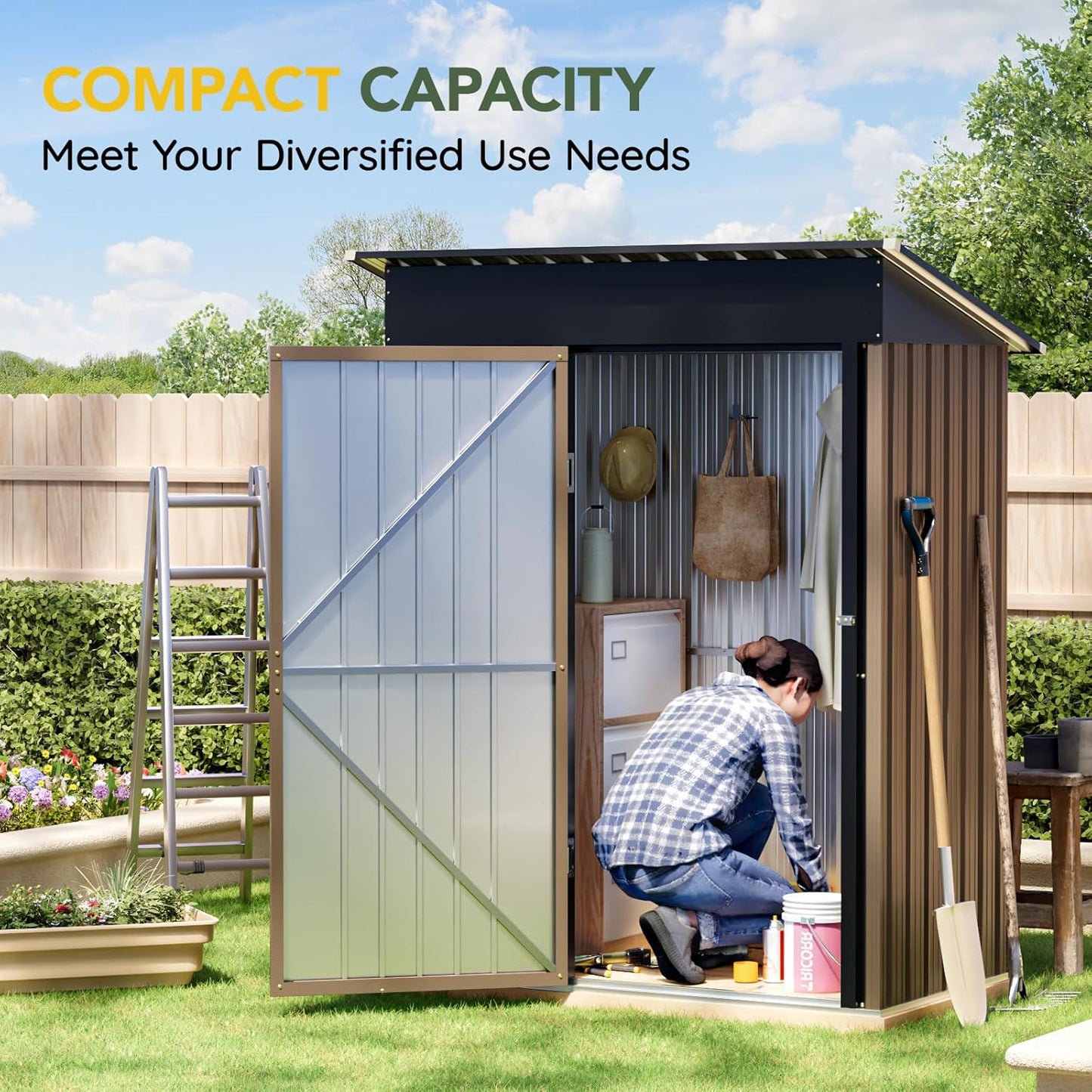 Breezz 5x3FT Vertical Outdoor Steel Storage Shed with Floor Frame, Lockable Doors, Compact Metal Tool Shed for Garden, Backyard, Patio, Utility, and Bike Storage,Brown