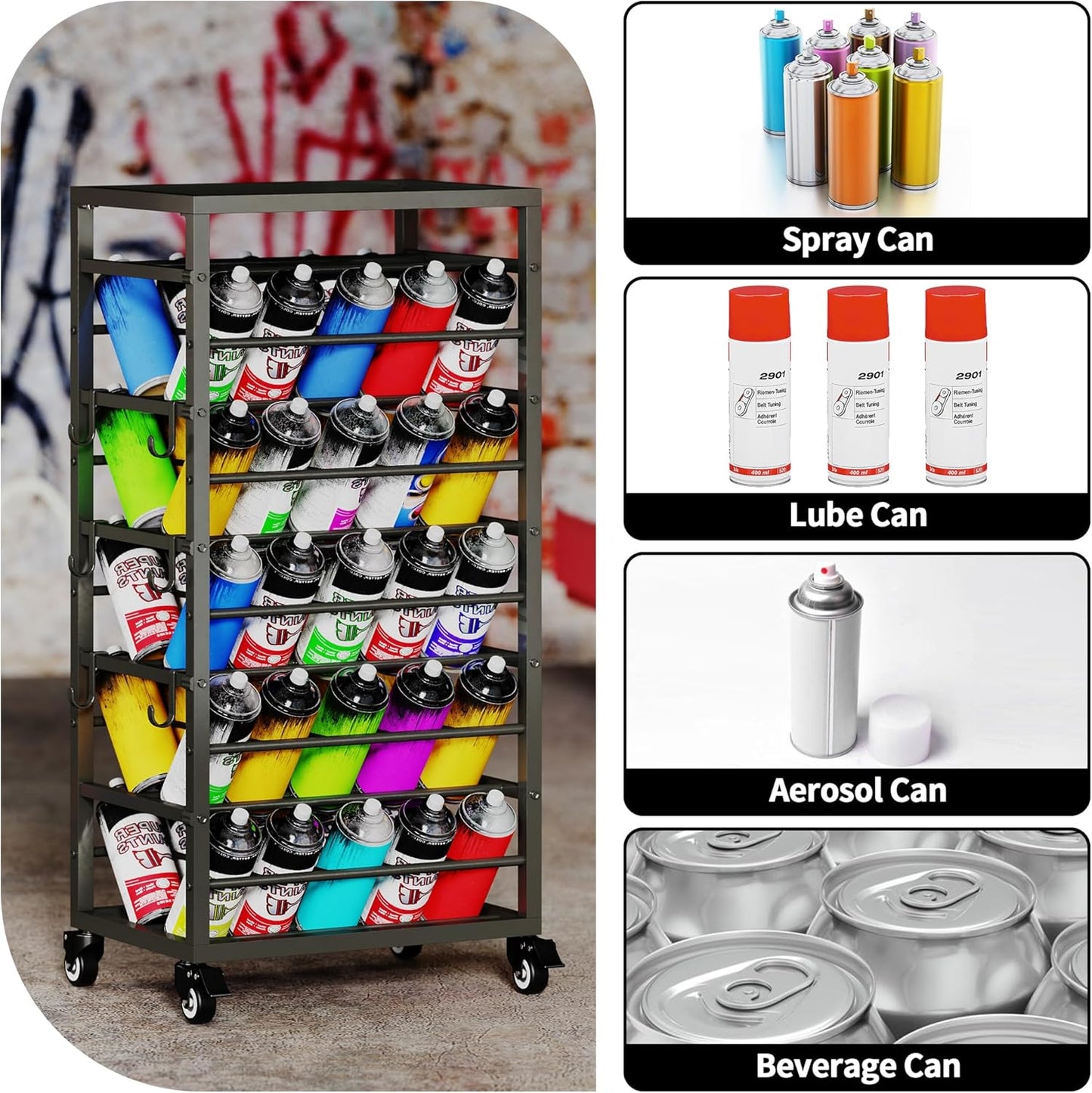 50 Can Spray Paint Rack Organizer, Metal Spray Paint Can Storage Holder, Rolling Aerosol Can Cart with Storage Shelf, for Garage, Craft Workrooms