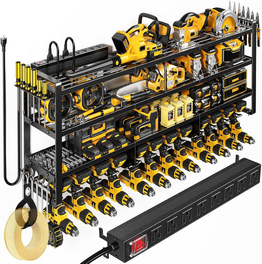49.5" W Large Power Tool Organizer Wall Mount with Charging Station, 4-Tier Heavy Duty12 Cordless Drills Holder Load 600 lb, Tool Battery Storage Rack Built in 8 Outlet Power Strip for Garage