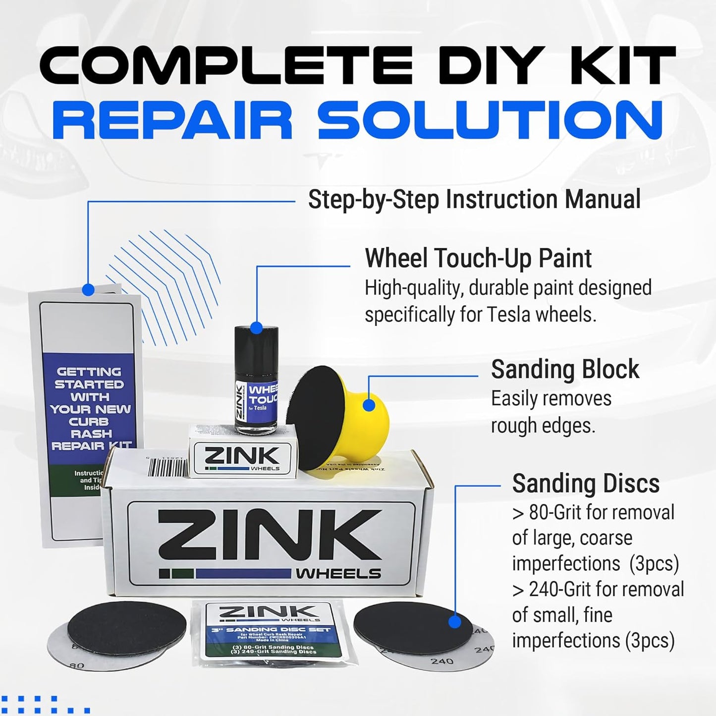 Premium Tesla Wheel Curb Rash Repair Kit for Model 3 20-inch Zero-G Rims - DIY Kit with Color-matched Touch Up Paint - Made in USA