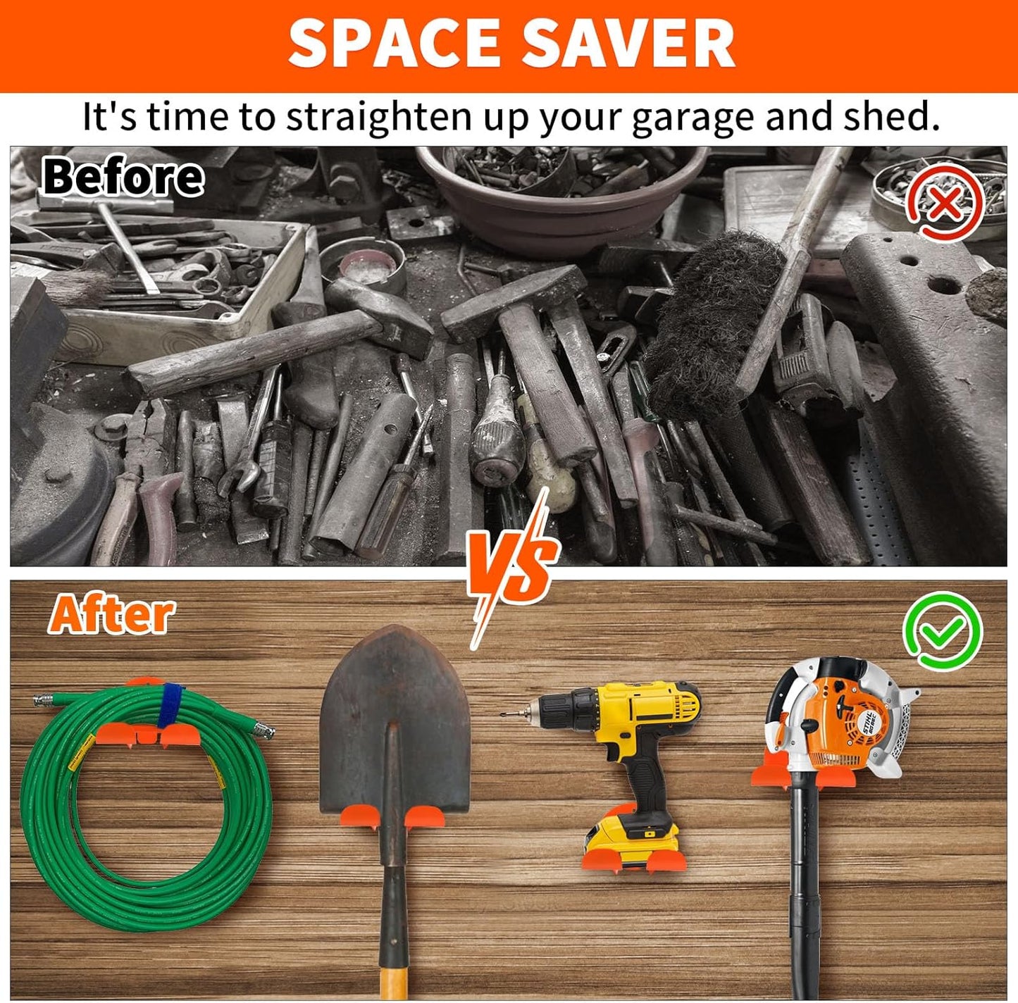 Upgraded Trimmer Rack Wall Mount - 8" Heavy Duty Weed Eater Hanger for Garage Wall Bracket, Garden Power Tool Holder Organizer Hooks for Grass Trimmer, Hedge Trimmer, Leaf Blower and Chainsaw, 3 Pack