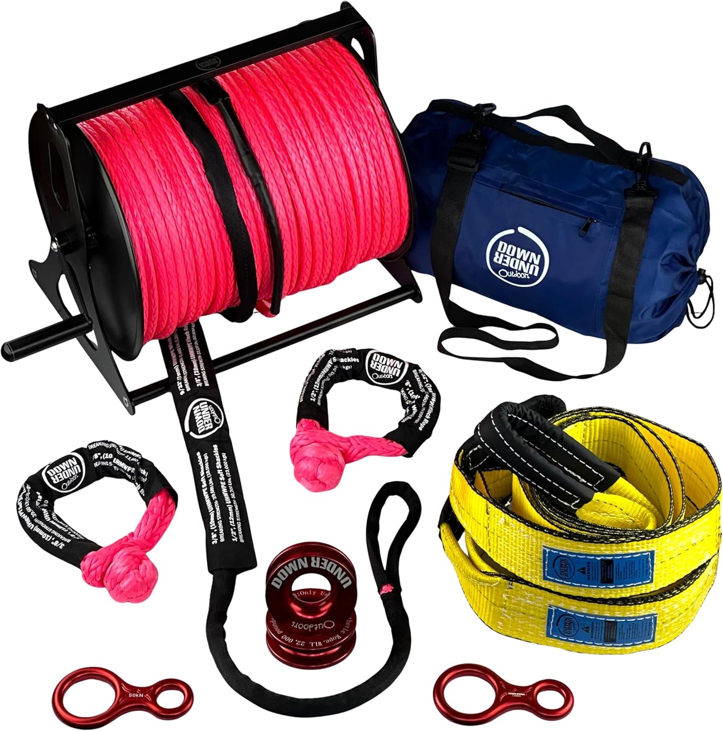 DOWN UNDER OUTDOORS Heavy Duty Game/Log/4x4 Recovery Kit, Deer Drag, 550 ft of 3/8” (23,150 lbs) Winch Rope on Metal Reel, 2 Tree Savers, 2 Soft Shackles, 2 Snatch Rings, 2 Figure 8 Rings, Gear Bag