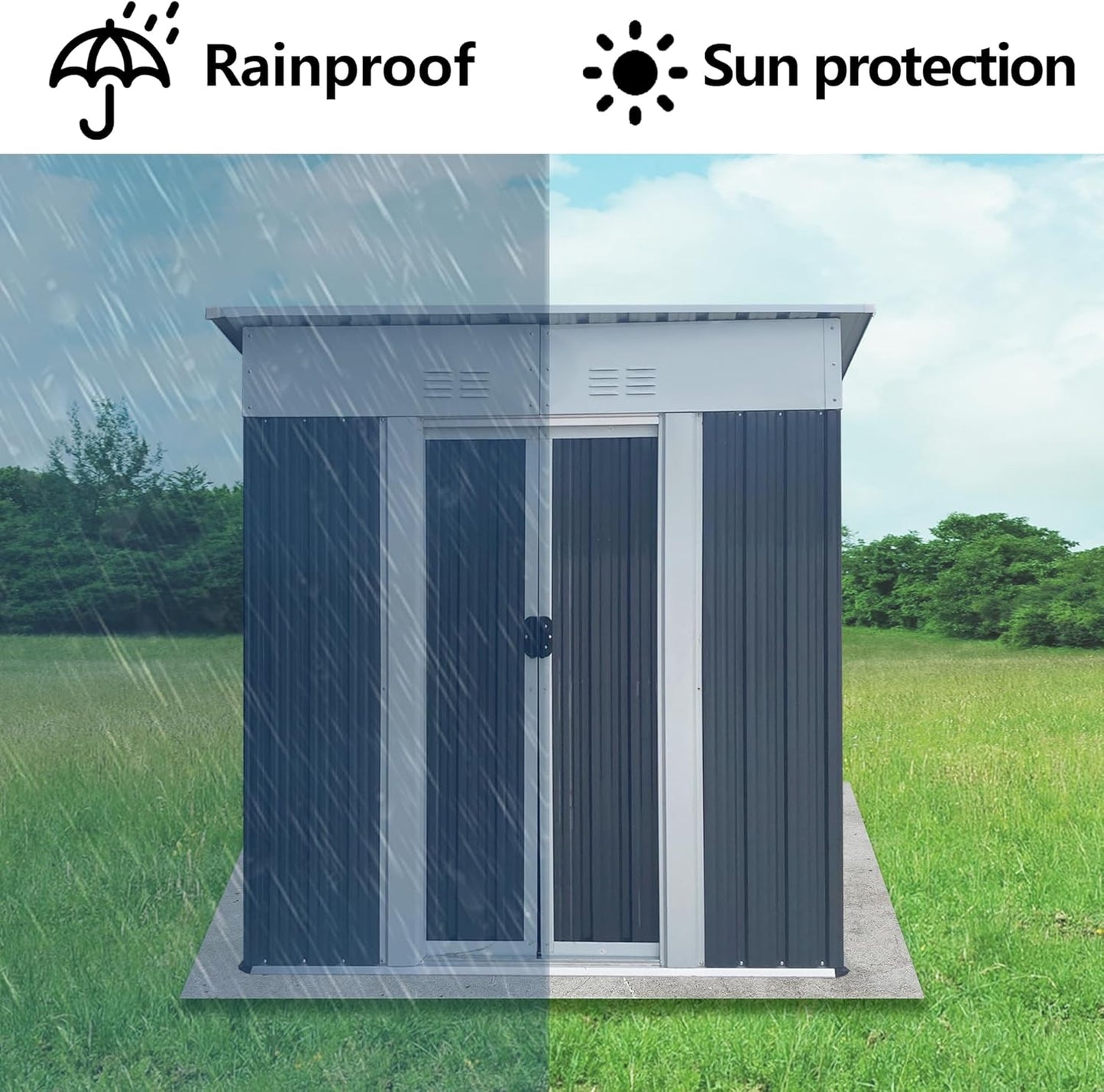 5x3 FT Outdoor Storage Shed with Sloping Roof, Waterproof Metal Garden Sheds w/Lockable Sliding Doors and Vents, Weather Resistant Tool Storage House for Backyard, Patio, Lawn, Grey
