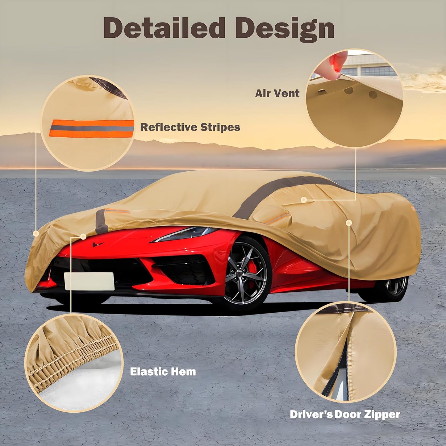 Car Cover Waterproof All Weather Compatible with Chevy Corvette C4 C5 C6 C7 C8, Outdoor Anti-UV Sun Rain Protection Full Exterior Cover (Camel with Brown)