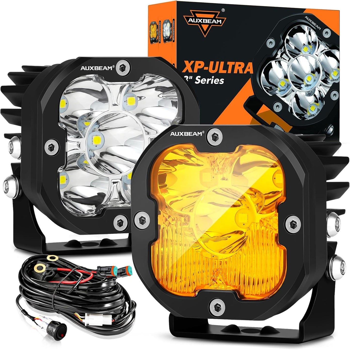 Auxbeam XP-Ultra Series 3 Inch LED Pods 80W 9600LM Offroad Driving Lights White Spot & Amber Combo Beam Ditch Light Bar Auxiliary Lights for Jeep Truck ATV UTV, Pair