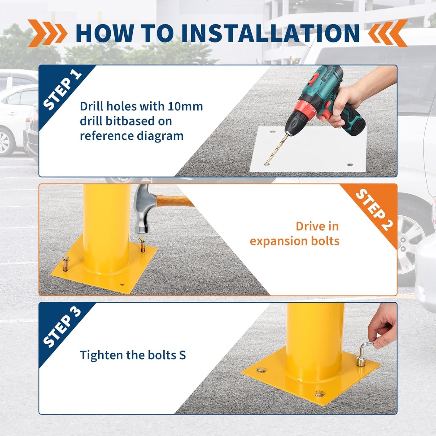 4.5x48 Inch Safety Bollard Post - Yellow Steel Bollard with Anchor Bolts (6-Pack) for Parking Lots, Walkways & Traffic Areas