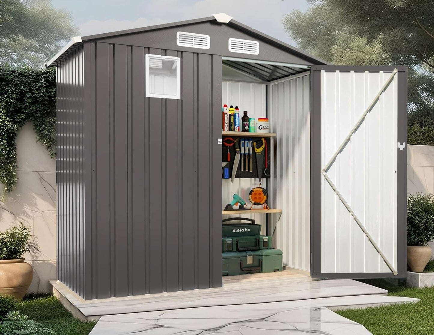 6X3.5 FT Outdoor Storage Shed with Window, Metal Garden Sheds w/Lockable Door and Vents, Waterproof Steel Tool House for Backyard, Patio, Lawn, Sundries & Utility Storage, Gray