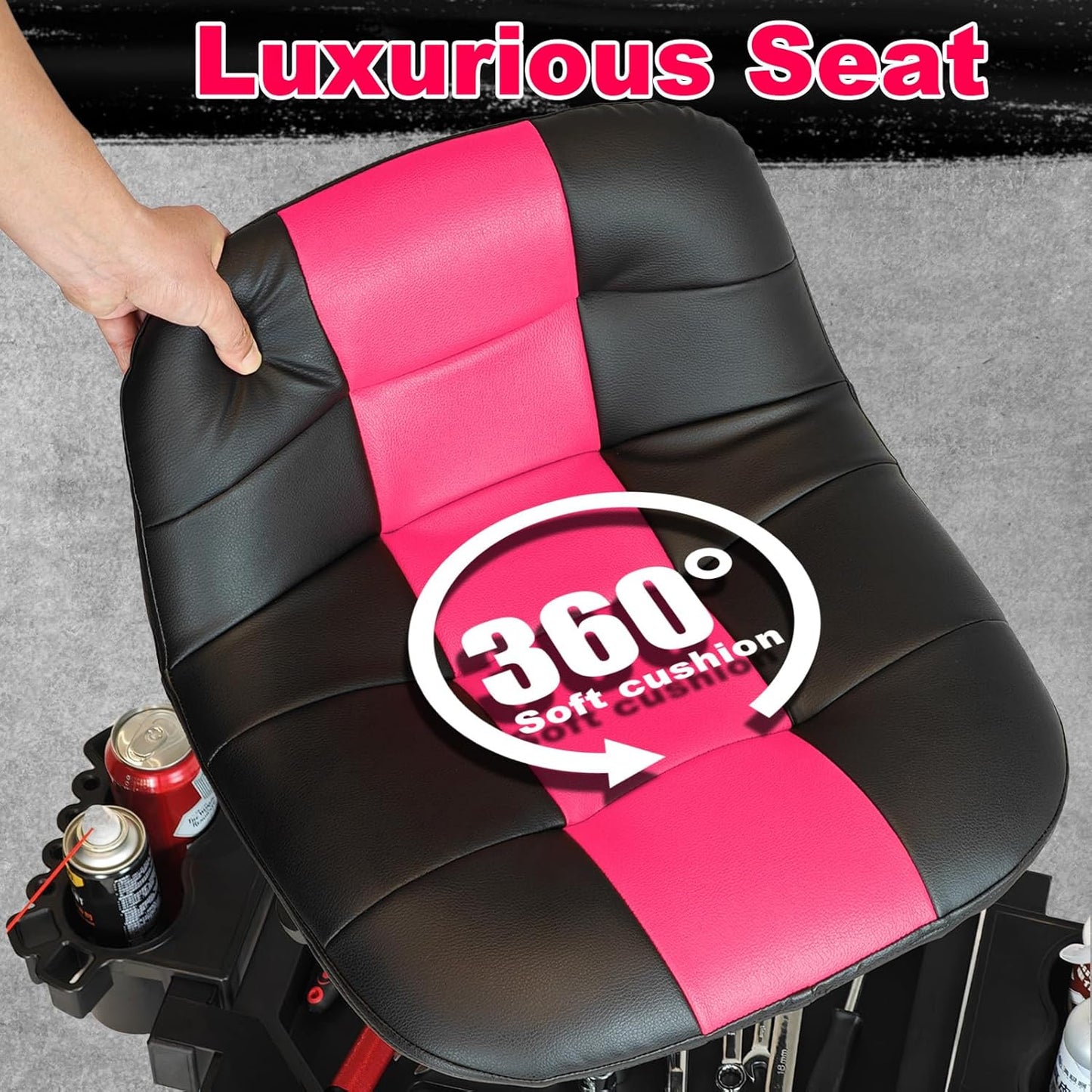 Rolling Stool with Wheels, Adjustable Height Pneumatic Garage Work Mechanic Stool Seat with Backrest, 400 LBS Capacity 360° Swivel Mechanic Crepper Chair with Tool Tray Storage, Pink