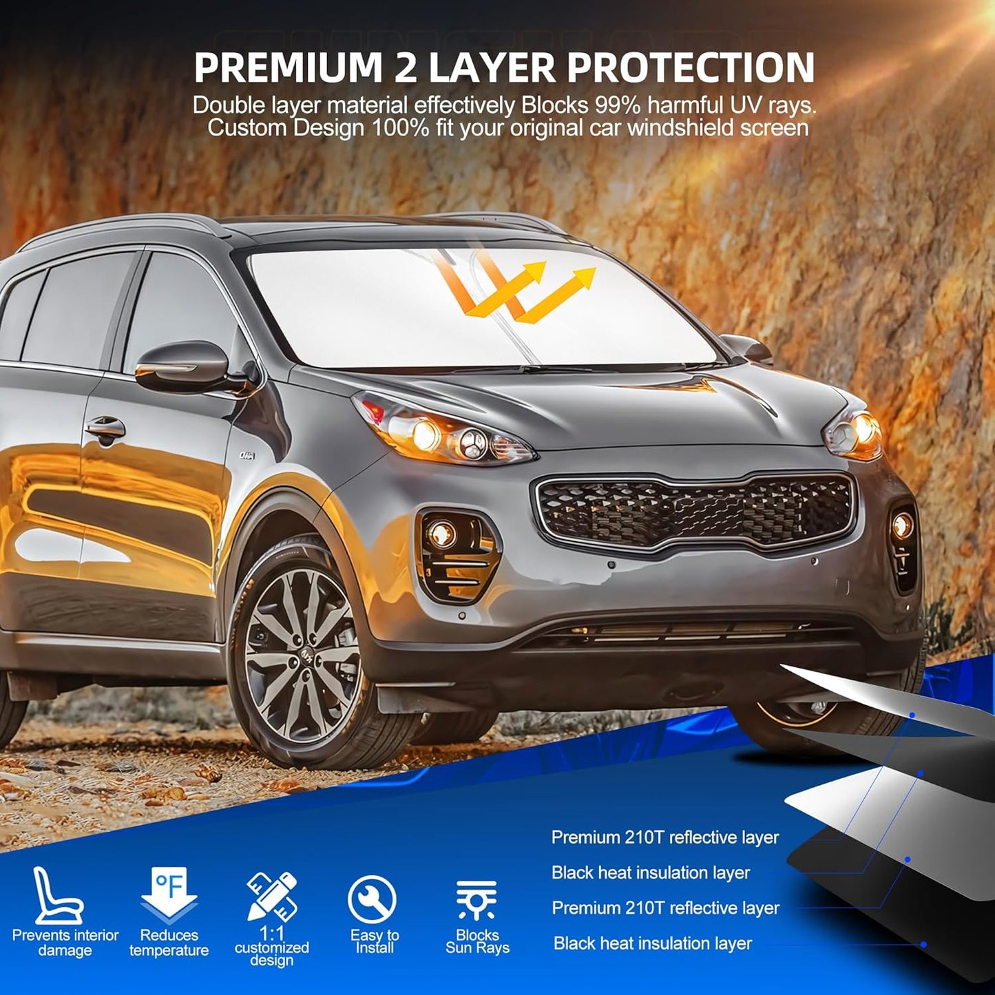 Windshield Sun Shade for Kia Sportage 2018-2022 Foldable Sunshade Custom Fit Front Window Car Interior Accessories Protector Blocks UV Rays