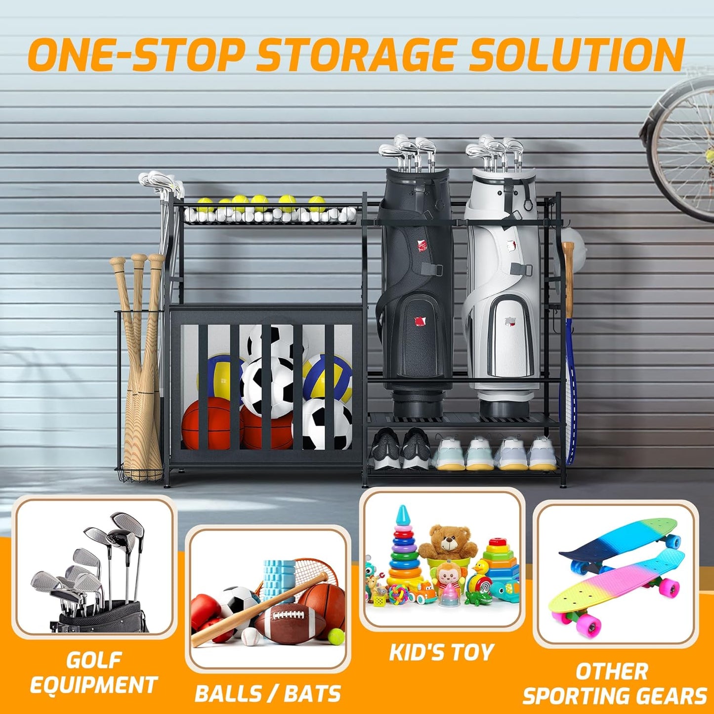 PLKOW Sports Equipment Organizer Rack, Garage Ball Rack, 2 Golf Bag Storage and Sports Gear Organizer for Garage