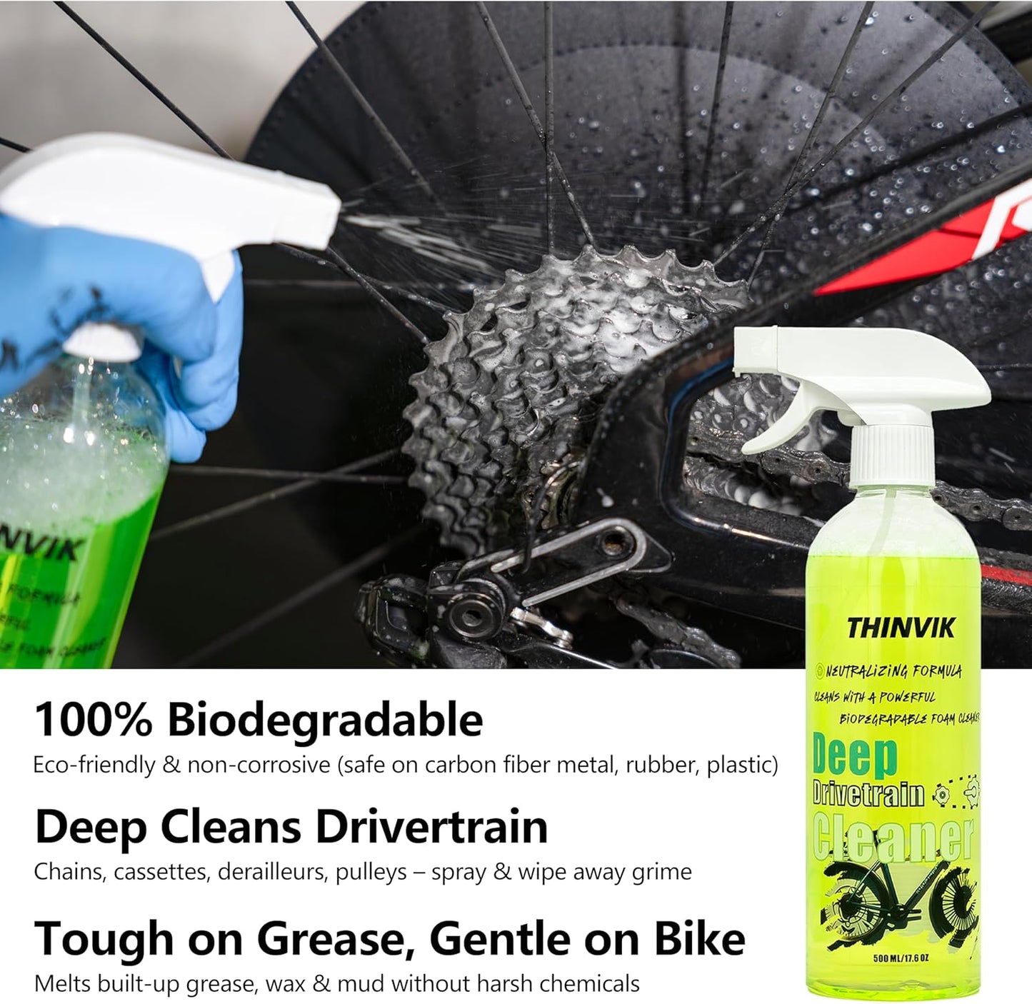 Thinvik Bike Lube and Cleaner Set with 500ml Chain Cleaner, 60ml Wet/Dry Lubricant and 4 Brush Tools for Cleaning Chains, Chainrings, Freewheel/Cassette
