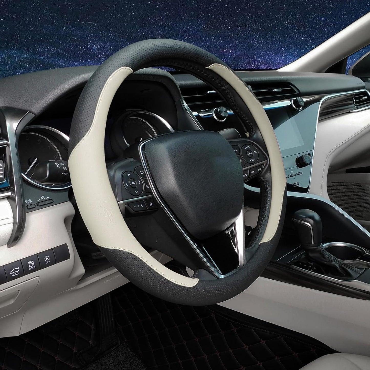 Steering Wheel Cover Standard Size Medium 14.5-15 inch, Breathable Microfiber Leather, Anti-Slip, Soft Grip, Universal Fit for Cars SUVs Trucks, Black and Creamy White