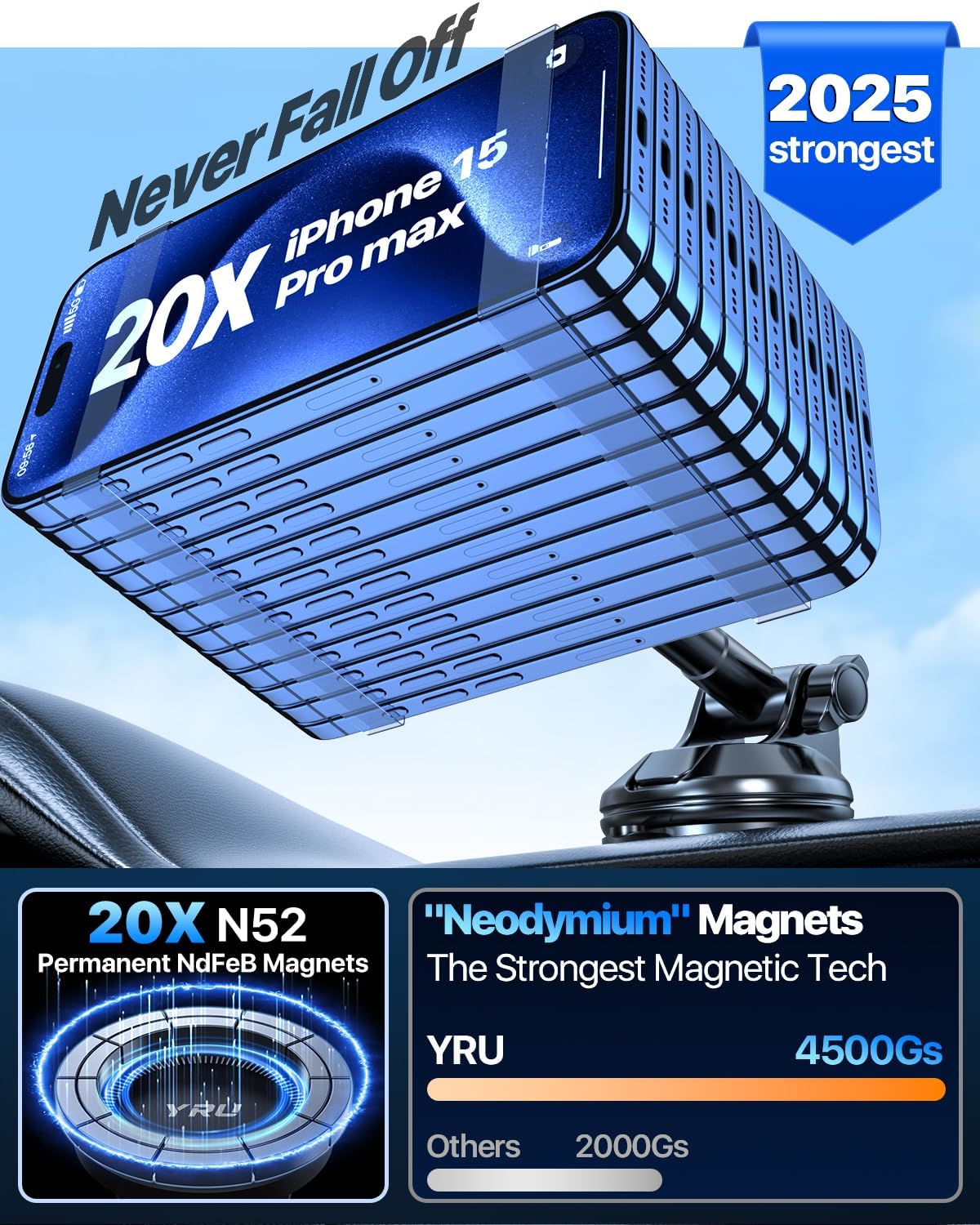 YRU[2025 Upgraded Magnetic Phone Holder for Car【Patented & Super Magnet】 for MagSafe Car Mount Dashboard Magnet Phone Holder Windshield Phone Stand for iPhone 16 15 14 13 Pro Max Samsung, Light Blue