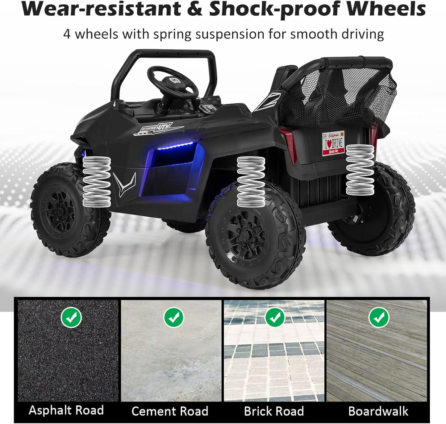 Costzon 2-Seater Ride on Car for Kids, 12V Kids' Electric Vehicles w/Remote Control, 4 Shock Absorbers, Wireless Music & FM, 3 Speeds, Ambiance Lights, Electric UTV, Kid Car Toy for Boys, Girls(Black)