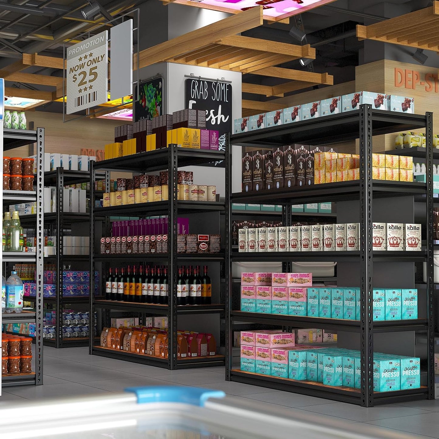 REIBII Garage Shelving 2500LBS Storage Shelves Adjustable Metal Shelving Heavy Duty Shelving 65.7" H Metal Shelves for Pantry Kitchen 15.35" D x 33.85" W x 65.74" H Black