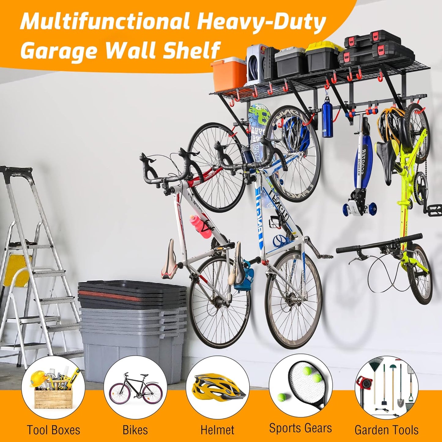 PLKOW Garage Wall Shelving 1 Pack Includes 2 Bike Hooks, Wall Shelves Garage Organizer with Vertical Bike Hanger, Powder Coated Steel (1 Pack)