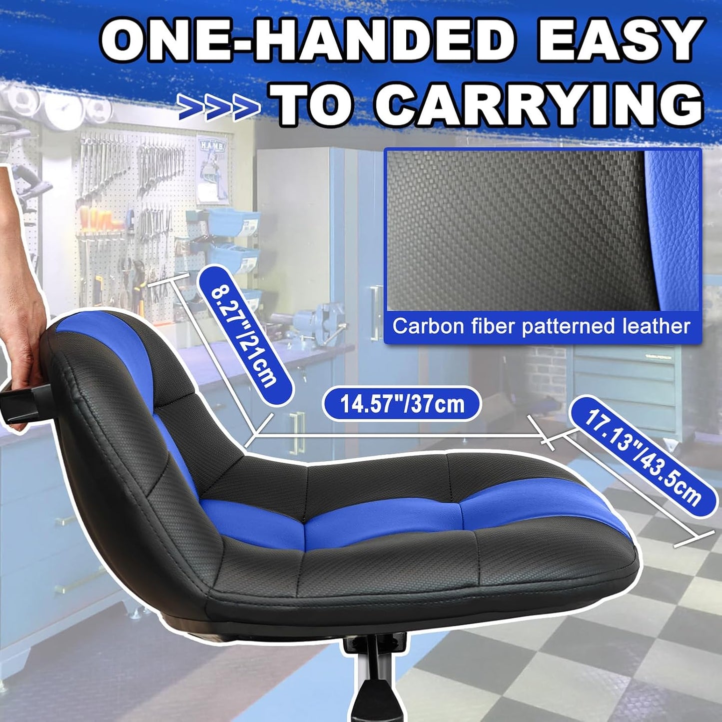 Rolling Stool with Wheels, Adjustable Height Pneumatic Garage Work Mechanic Stool Seat with Backrest, 400 LBS Capacity 360° Swivel Mechanic Crepper Chair with Tool Tray Storage, Blue