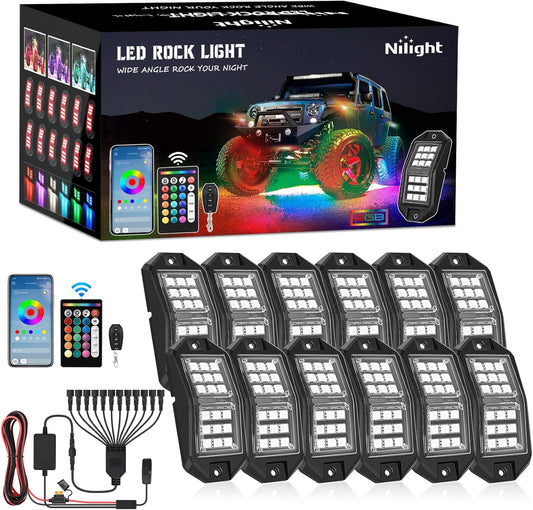 Nilight RGB LED Rock Lights Kit 12 PCS 18LED Wide Angle Wheel Well Light with Remote & Bluetooth App Dual Control Multi Modes Underglow Multicolor Neon Pod for ATV UTV SUV Offroad Truck RZR Boat