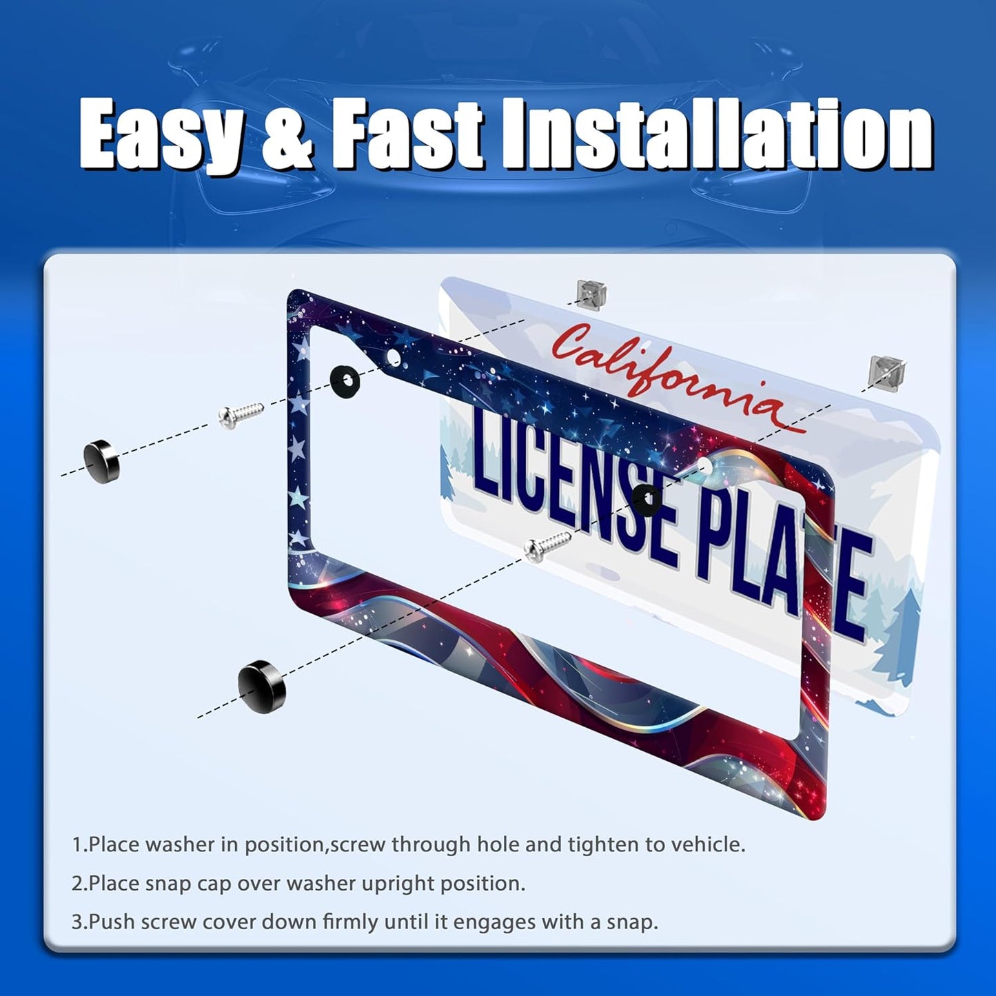 Patriotic American Flag License Plate Frame USA Flag License Plate Stainless Steel Funny License Plate Holder America Car Accessories With Screws Car Decoration 12.3" x 6.3"Fits Standard Vehicles Size