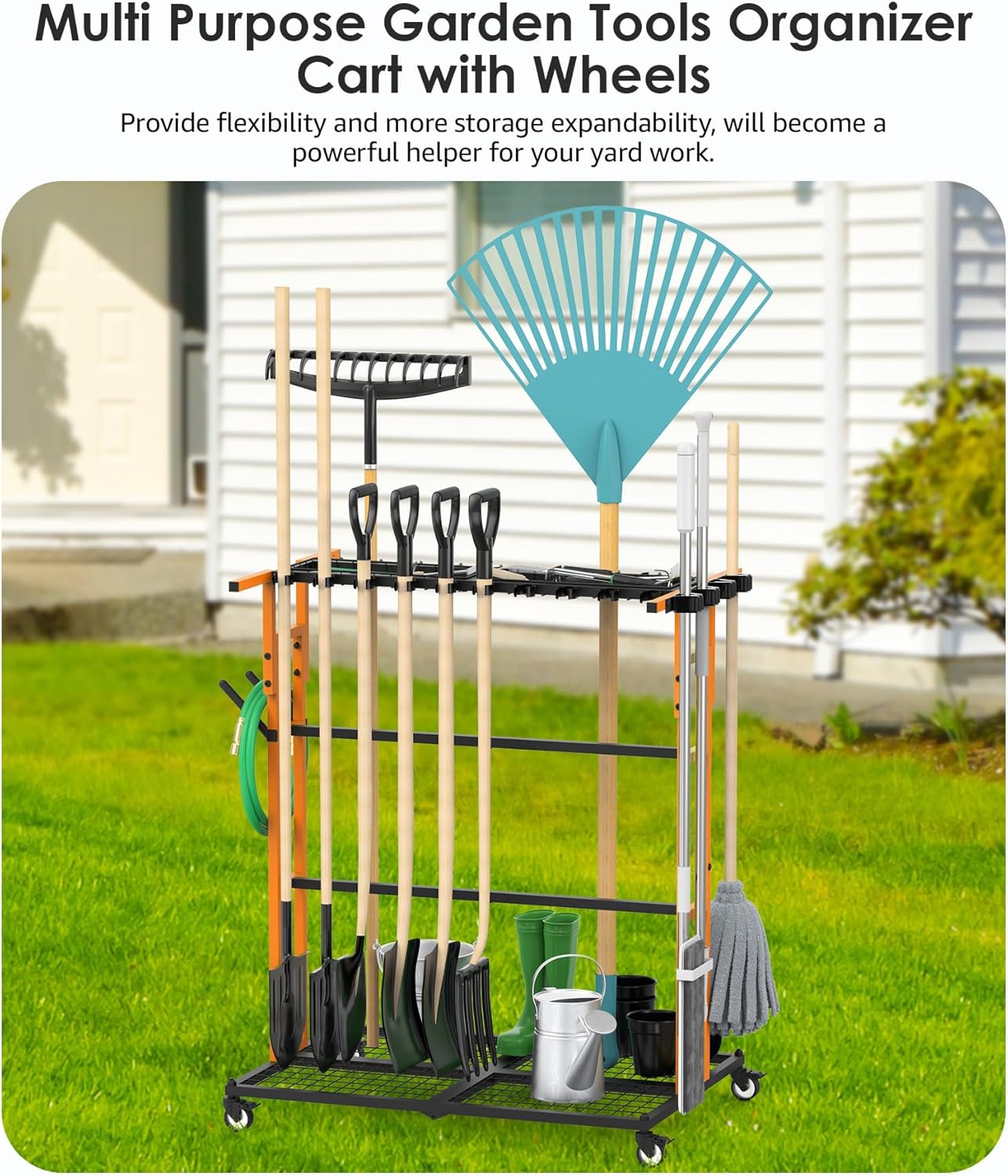 CCCEI Garage Organization with Wheels, Outdoor Gargen Yard Shed Tools Organizer Cart, Home Storage for Cleaning Supplies, Broom Holder, for Shovel and Rake, Long Farming and Farming Tools, Orange.