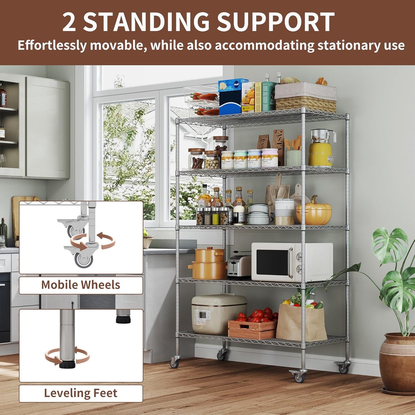 5-Tier Metal Storage Shelving Unit, Adjustable Storage Rack Display Shelves, Industrial Steel Wire Shelf on Wheels, Commercial and Home Use, 48”W x 24”D x 72”H, 1500 LBS Capacity